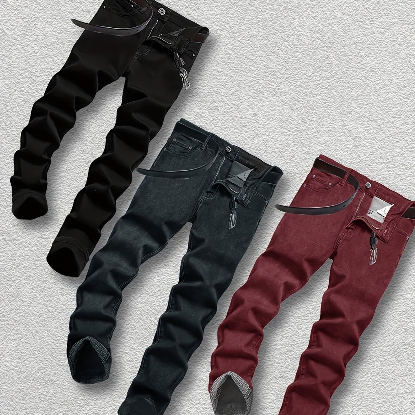 TEMU Set Of 3 Men's Slim Fit Stretch Denim - Medium Elastic All-year Round Pants, Comfortable And Stylish Design