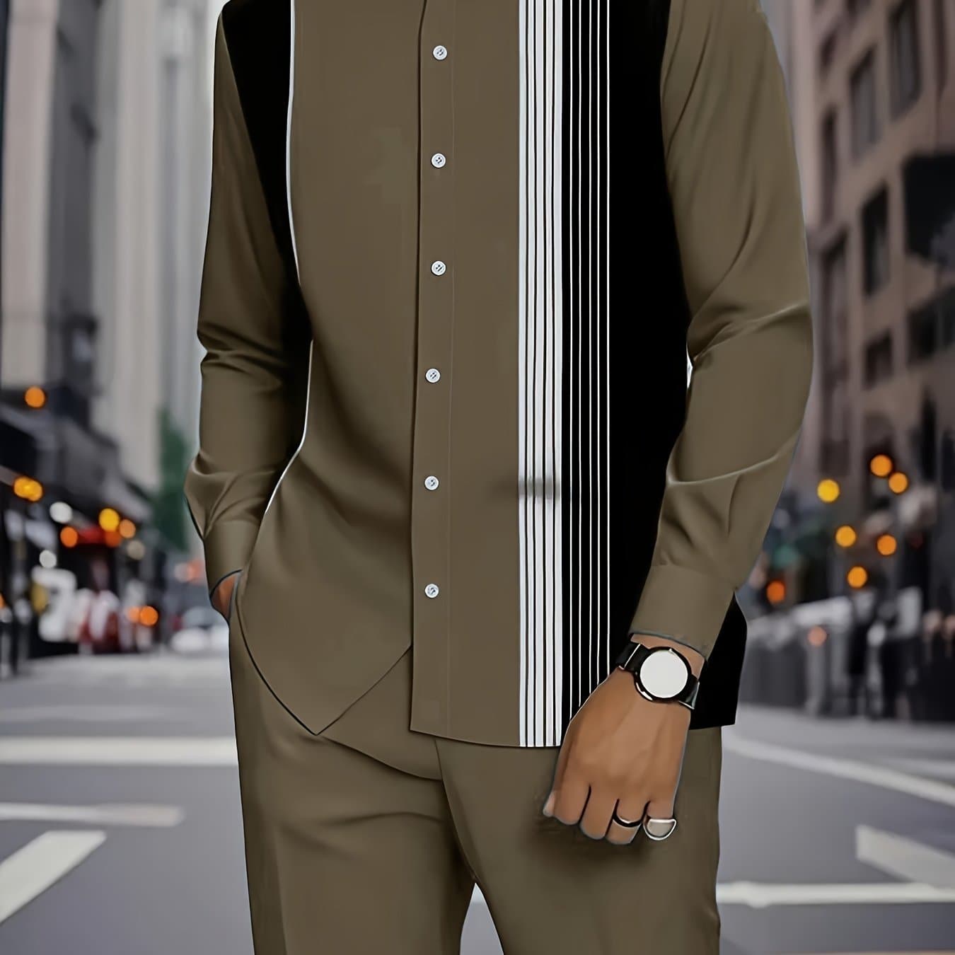 TEMU 2025 Autumn Brown Striped Splicing Drawing Men's Casual Suit, Fashionable Commuting Ethnic Style Men's Small Collar Long-sleeved Shirt And Casual Comfortable Trousers, Suitable For Daily