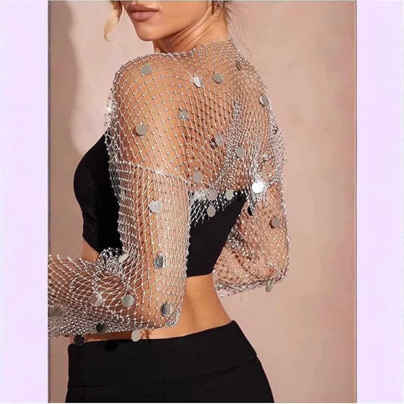 TEMU A Fishnet Sequined Cardigan Top With A Diamond-encrusted Design And A Sexy Nightclub Style Outfit