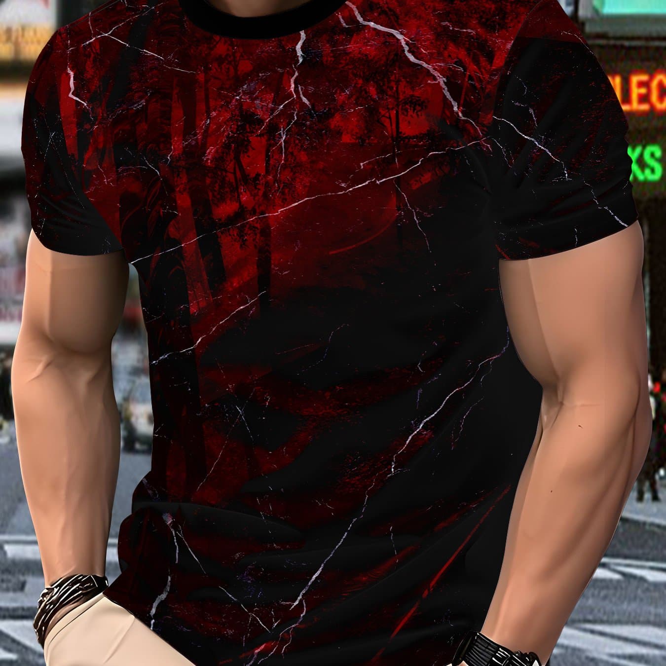 TEMU This Men's T-shirt Features A Black And Red Color-blocking Design, Fully Print With Lightning Forest Patterns. The Red And Black Color-blocking Details Are Trendy And Cool