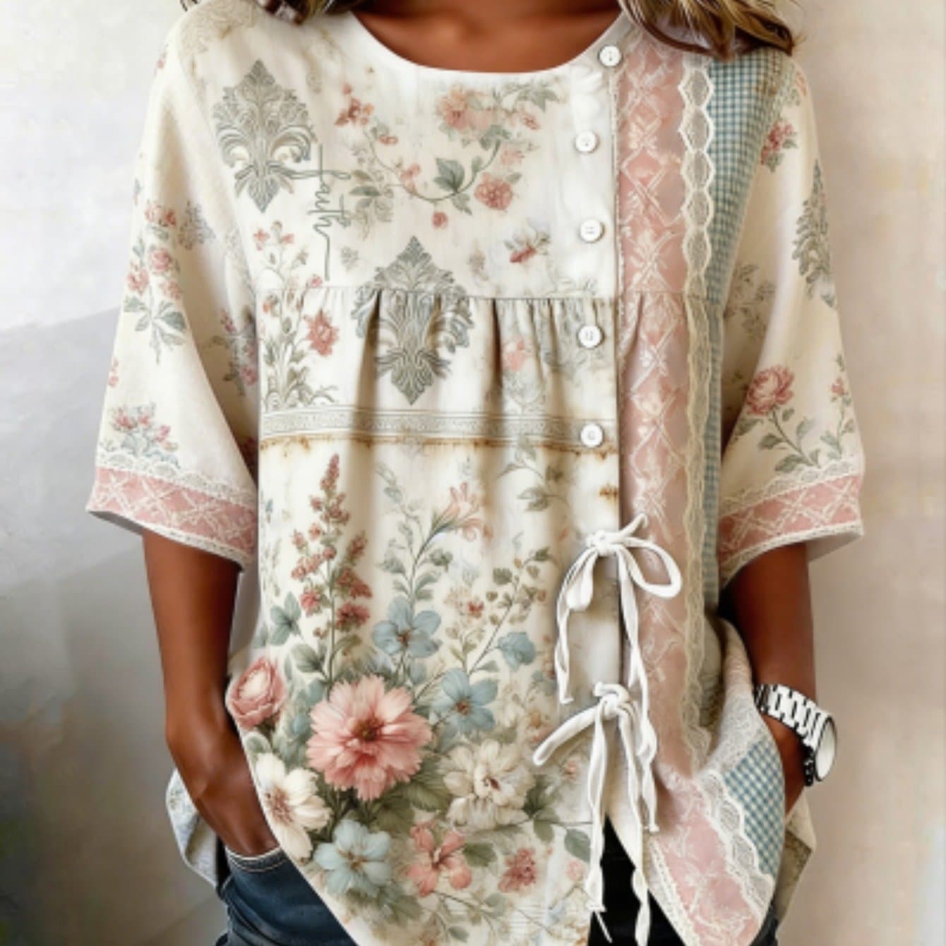 TEMU Women's Vintage Color-block Striped & Floral Print Lace-up Button- Shirt