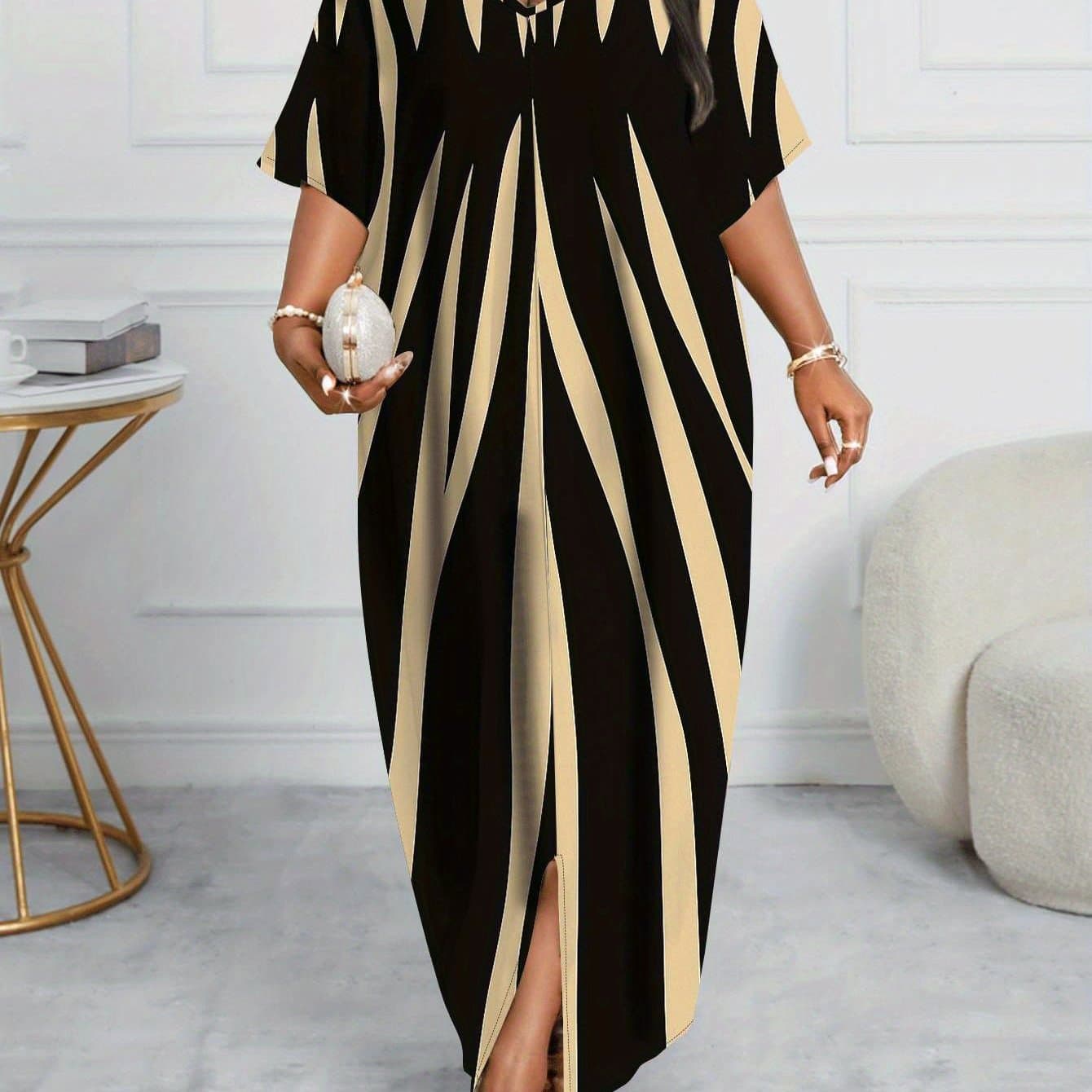 TEMU Plus Size, Women's Plus-size Zebra Stripe Party Dress - Varsity Line Maxi Evening Gown With A-line O-silhouette, Machine Washable Dress For Weddings, & Wear (heels Or Sandals) - For Curvy Women