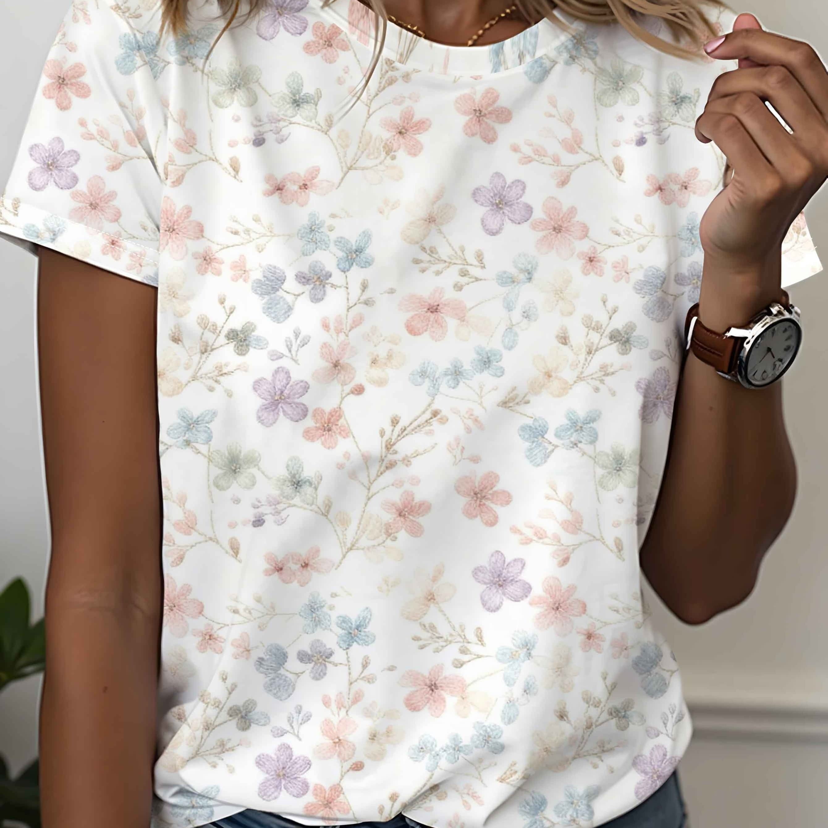 TEMU Summer Gentle Style Small Floral Print Top For Women's Clothing In Standard Size, With A Light Bottom And , Loose And, A Must-have For Summer . Suitable For Machine Washing , Summer, And Autumn