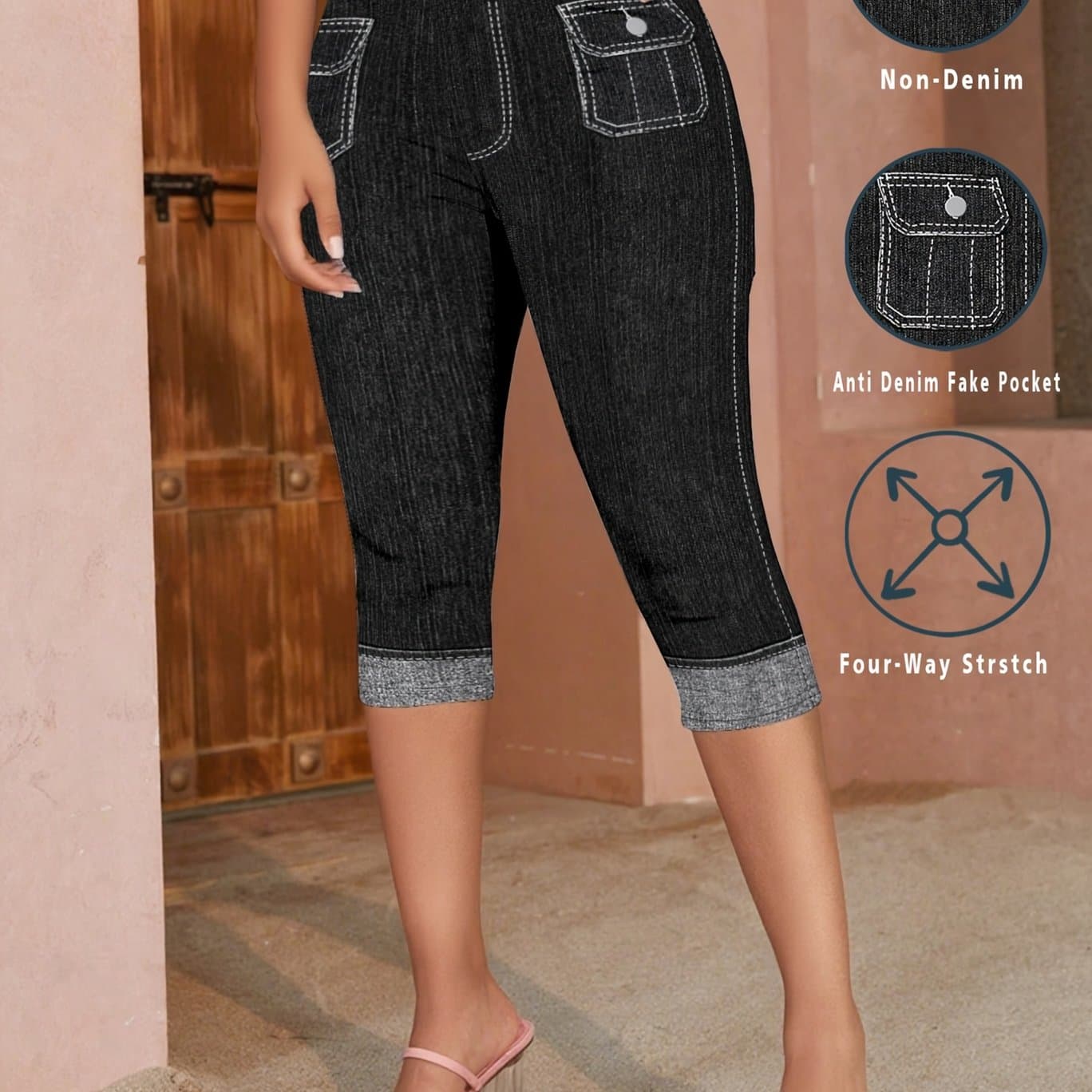 TEMU [printed Leggings - Not Denim Fabric]women's Fashion Design Denim-like Effect Print Skinny Capri Pants