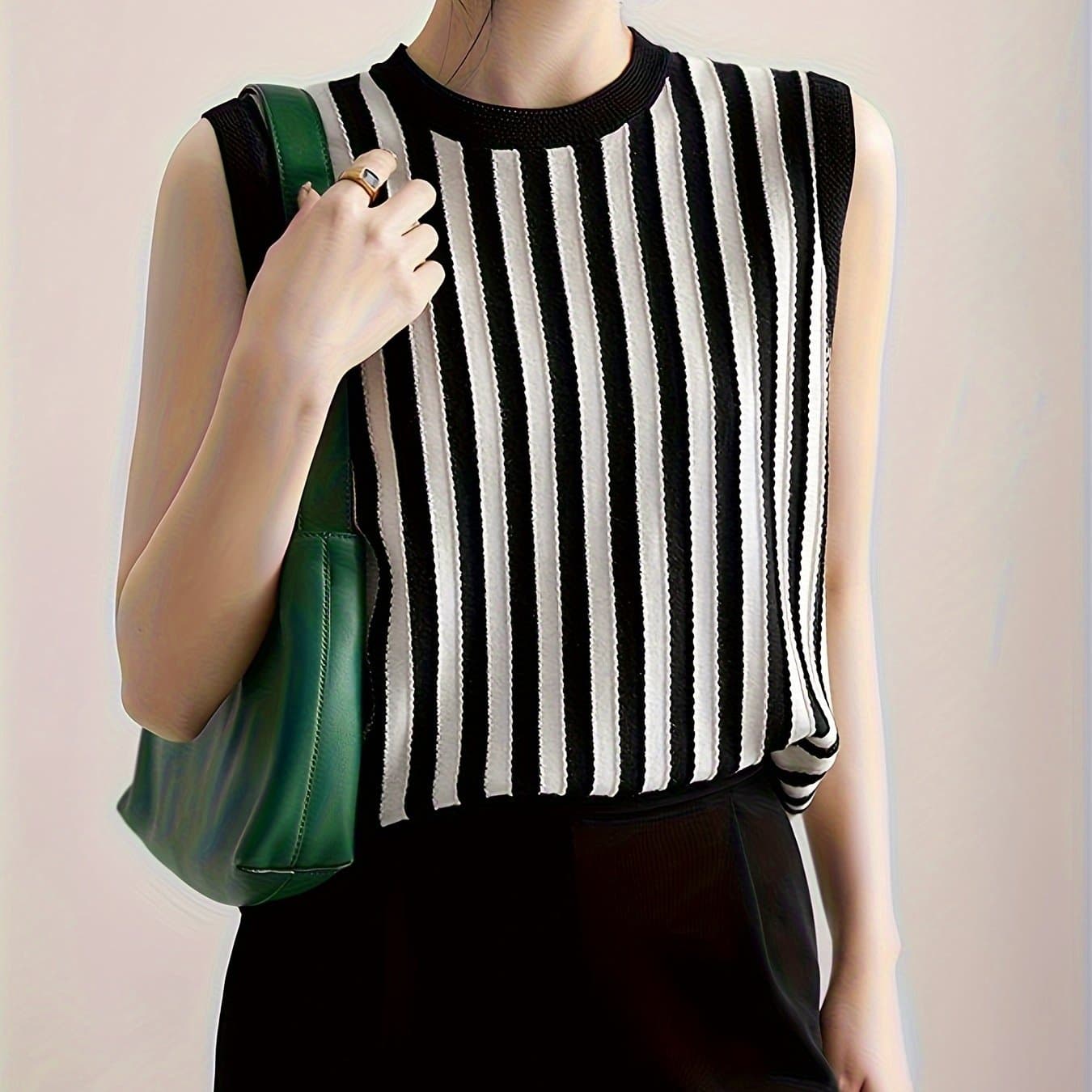 TEMU 2024 Summer Block Striped Hollow Out Vest For Women, Casual Versatile Short Round Neck Top