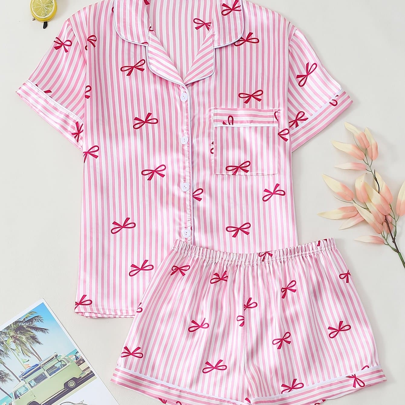 TEMU 2pcs Comfortable Striped Bowknot Printed Lapel Button Short Sleeve Top With Pockets And Elastic Waist Shorts Pajama Set | Perfect For Spring And Wear