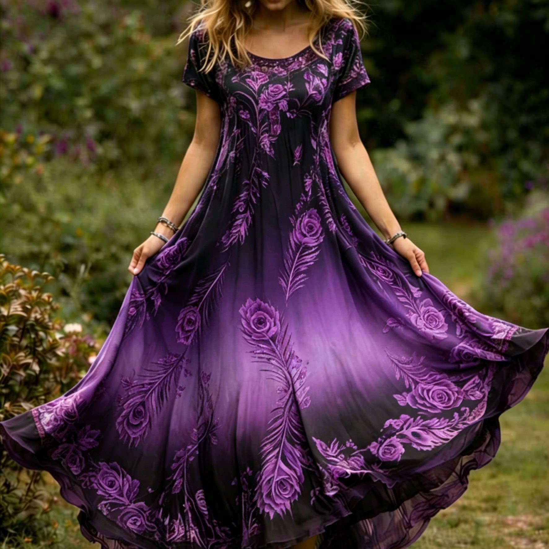 TEMU Purple Black Gradient Purple Rose Printed Short Sleeved Dress, Round Neck Loose Fit, Retro Bohemian Style, Light And Elegant, Suitable For Daily Wear , With A And Temperament