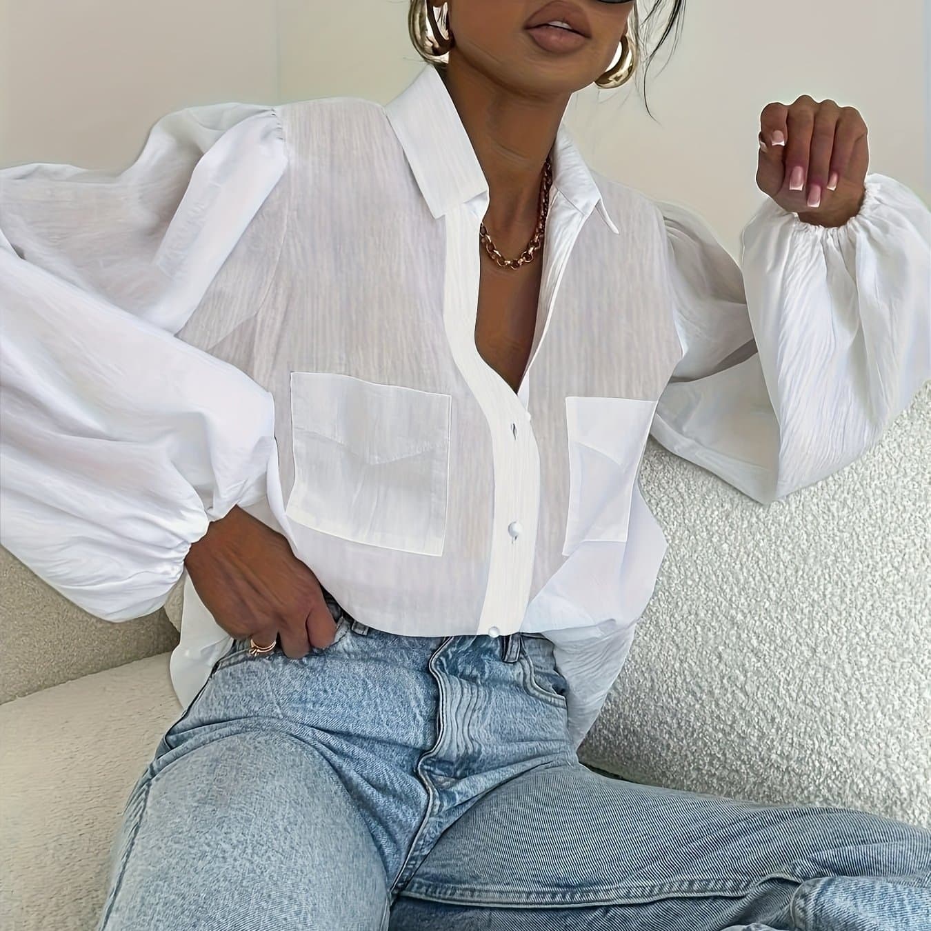TEMU Women's Long Sleeve Elegant Chiffon Shirt With Fabric Buttons, Front Double , Solid Color Non-stretch Semi-sheer Comfortable Fabric / Casual Formal Wear Top For All / Long Sleeve Women's Shirt "