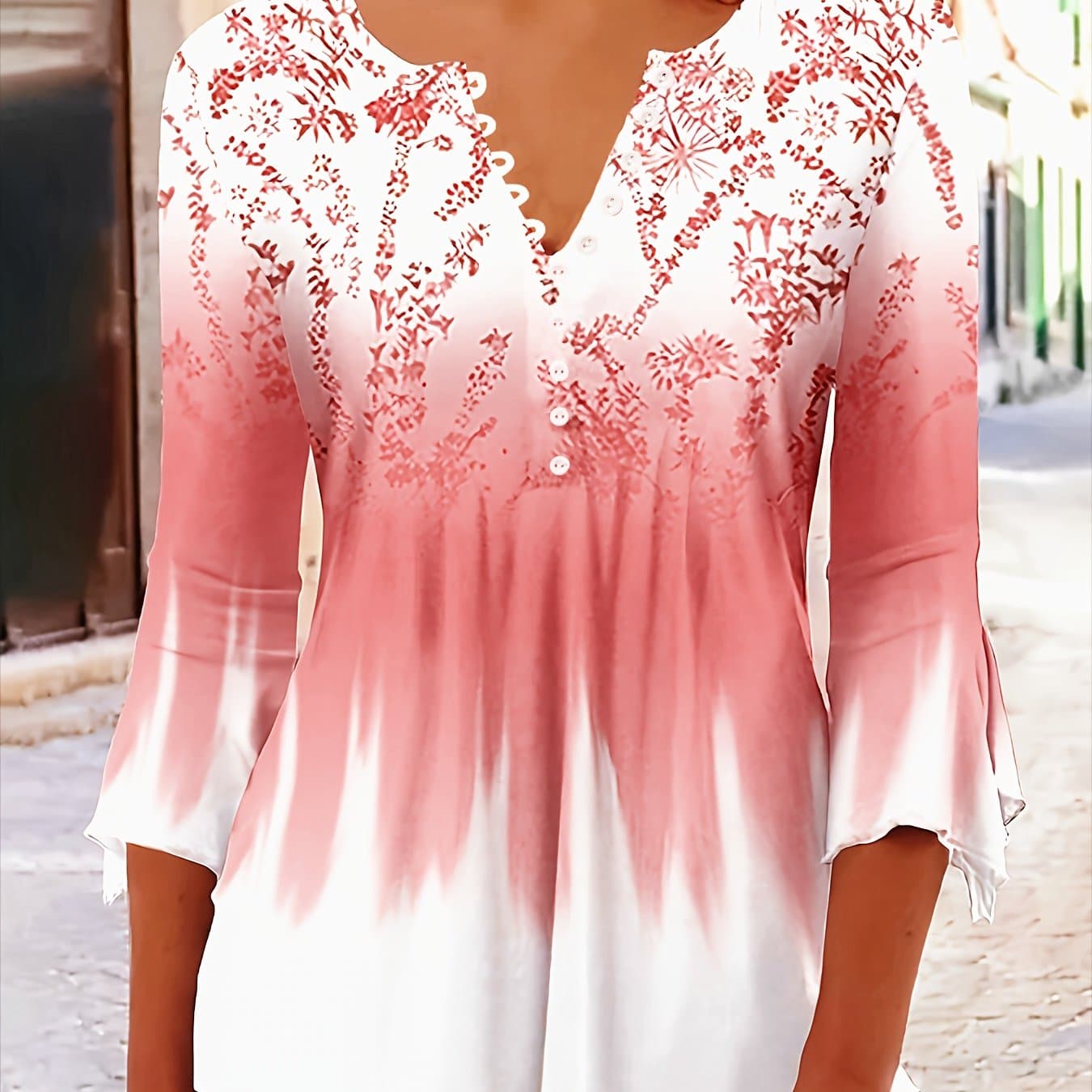 TEMU Women's Floral Print V-neck Top With 3/4 Ruffle Sleeves | Casual Blouse With Decorative Buttons, Lightweight & Breathable For Spring/summer/fall