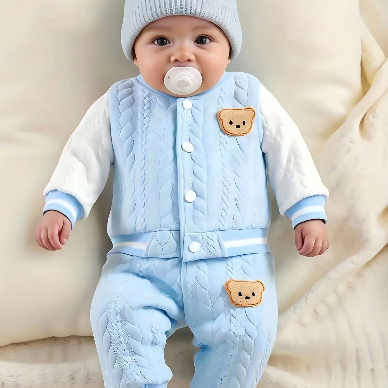 TEMU This Stylish Two-piece Set Features A White Jacket With A Blue Bear Pattern, Perfect For Newborn Boys And Ideal For Autumn And Winter Wear, For Outdoor