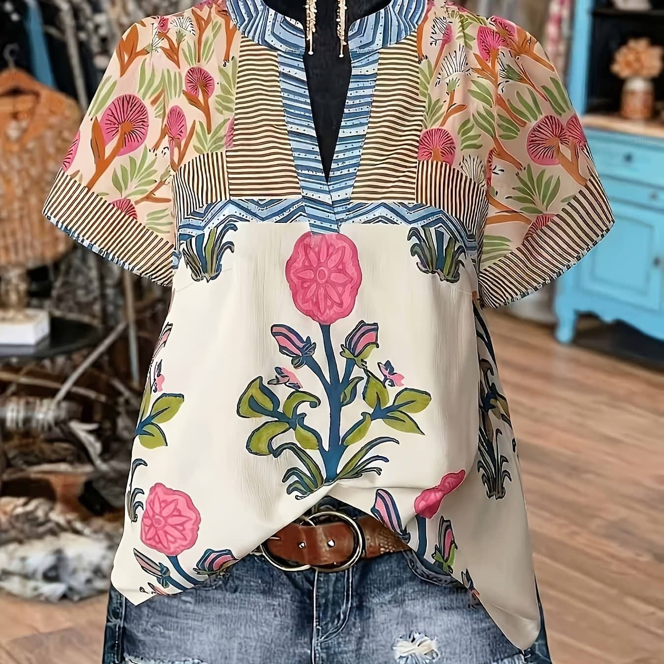 TEMU Plus Size - Plus Size - Plus Size Women's Summer Women's Shirt Short Sleeve Stand Collar Print Women's Top