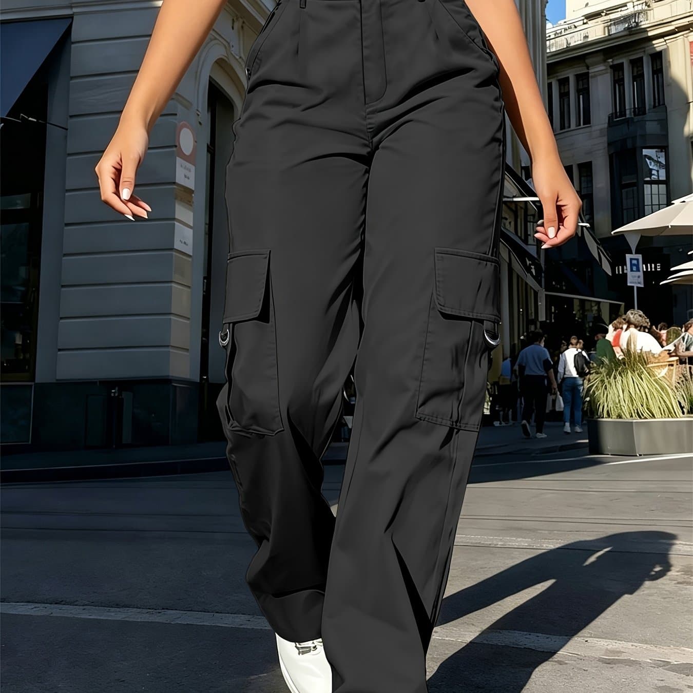TEMU Women's High-waisted Cargo Pants Black Straight Leg Multi-pocket Casual Trousers Street Style Versatile Wide-leg Pants - Yoga Pants Suitable For All - Women's Clothing