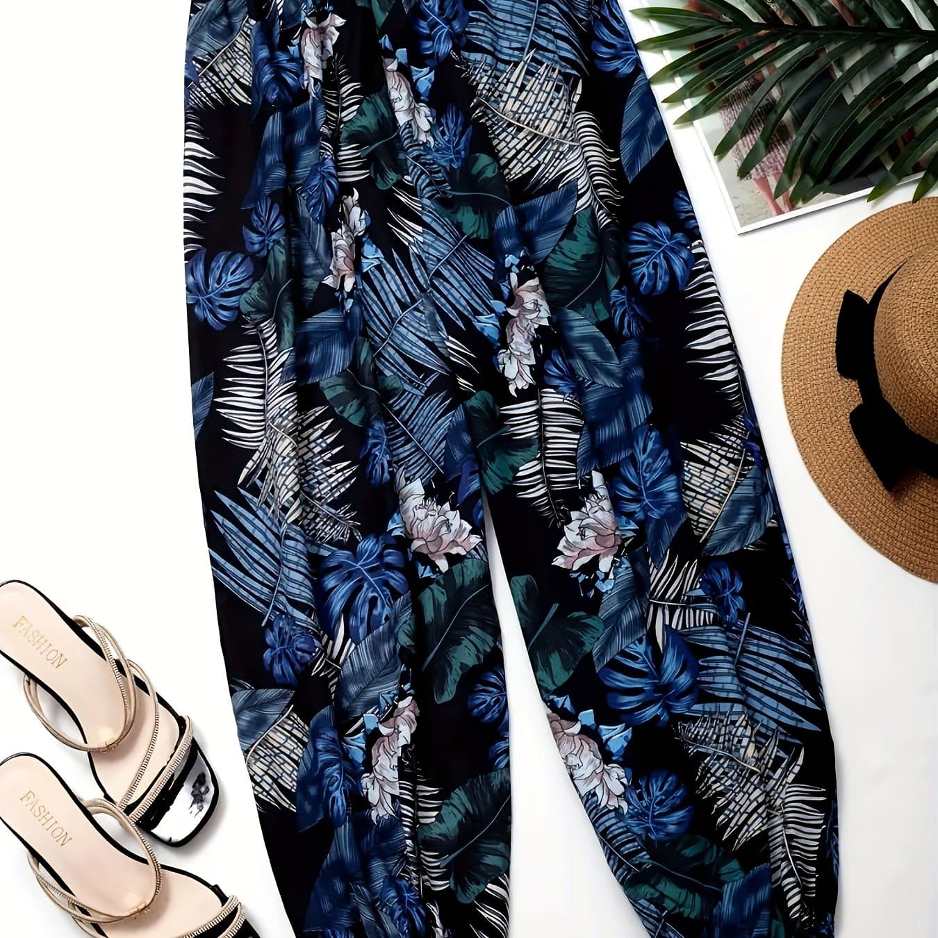 TEMU Tropical Print Wide-leg Women's Elegant Trousers, Suitable For Spring, Summer, And Autumn thumbnail 2