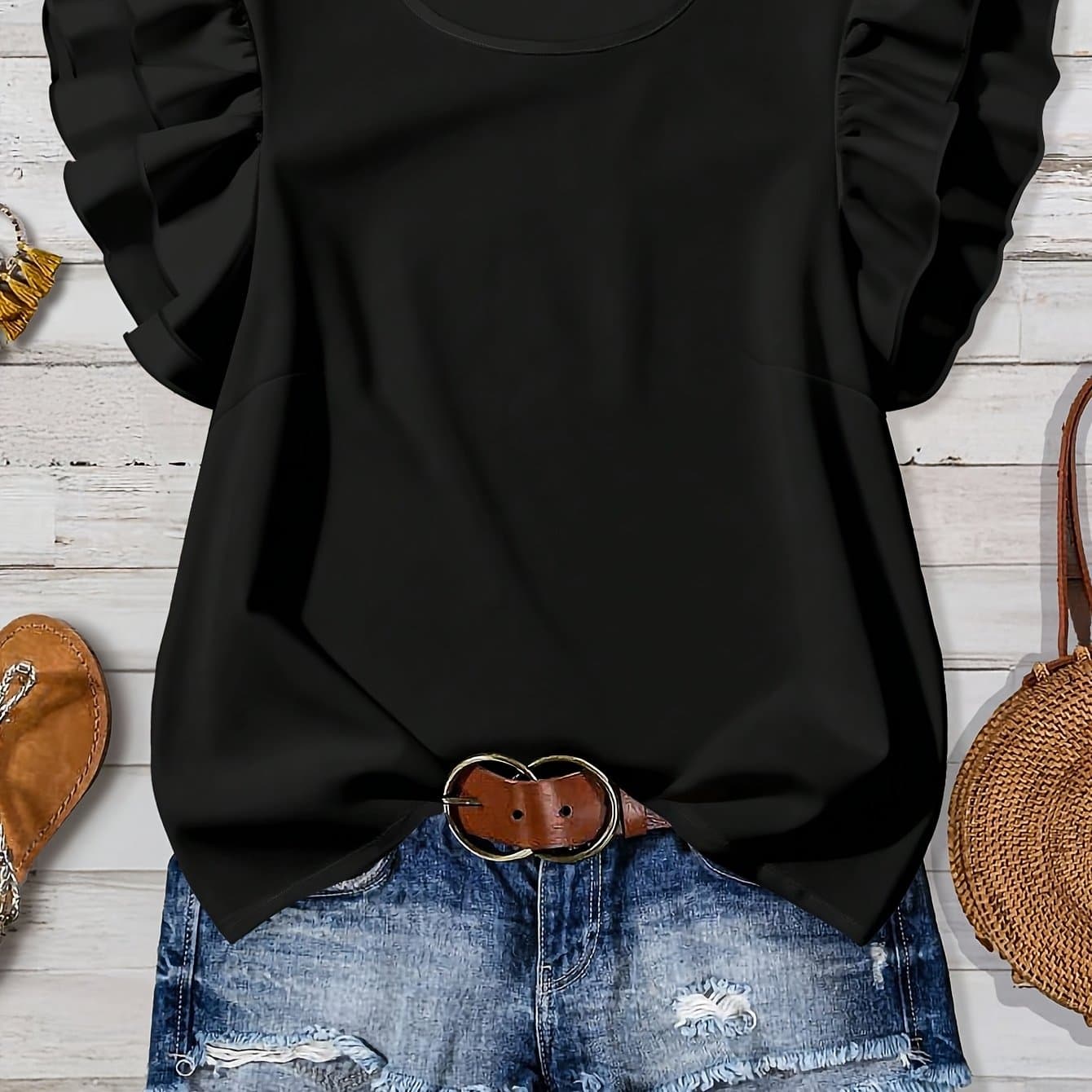 TEMU Elegant Directional Women's Black Round Neck Double-layer Sleeve Blouse