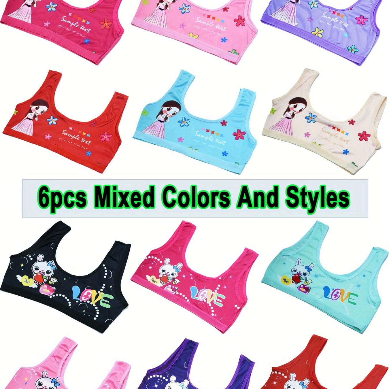 TEMU 6pcs/6 Colors Jiabijiabi Girls' Lightweight Vests For Development Period, T-effective Underwear, Cartoon Sports Vests For Young Girls, Sent, Ages 7-14.