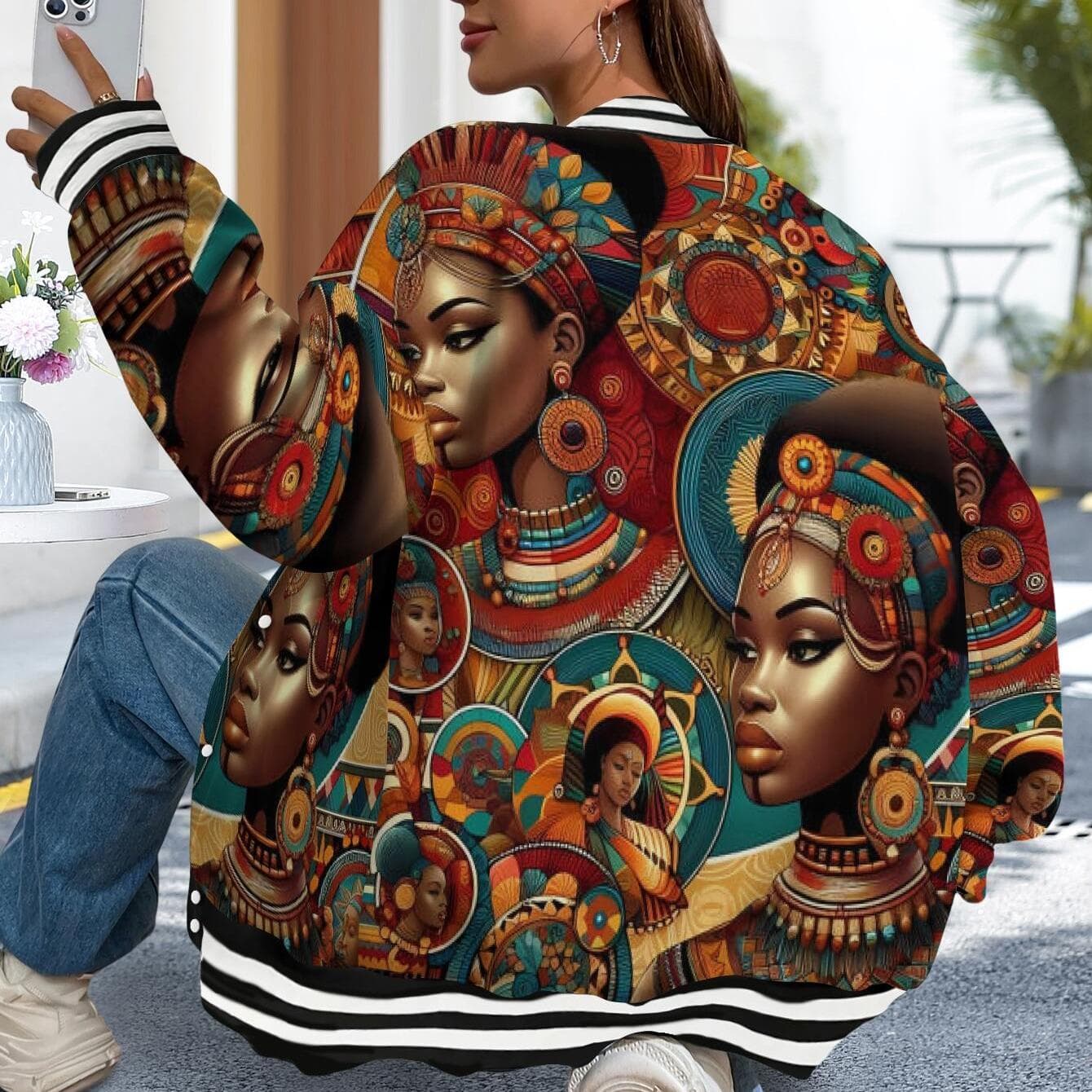 TEMU Women's Baseball Jacket Hoodie Vibrant Ankara Print Long Sleeve Top Modern Ethnic Fashion Afrocentric Gift Hoodie