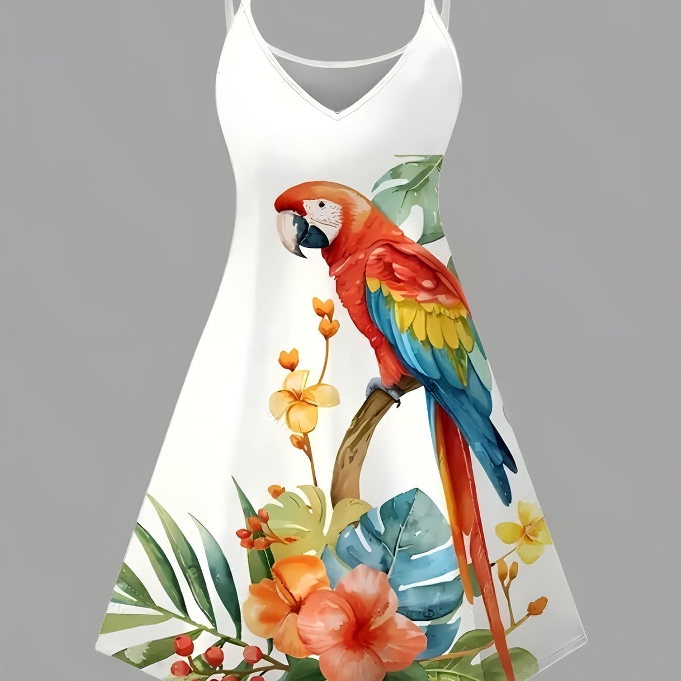 TEMU Vacation Dress Parrot Floral Leaf Print Spaghetti Strap Dress | Strapless, Color Block, Perfect For Spring/summer, Ideal For Adults