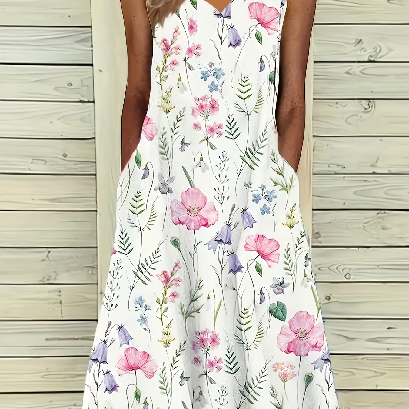 TEMU Summer & Spring Casual Sleeveless V Neck Floral Print S Tank Dress For Women