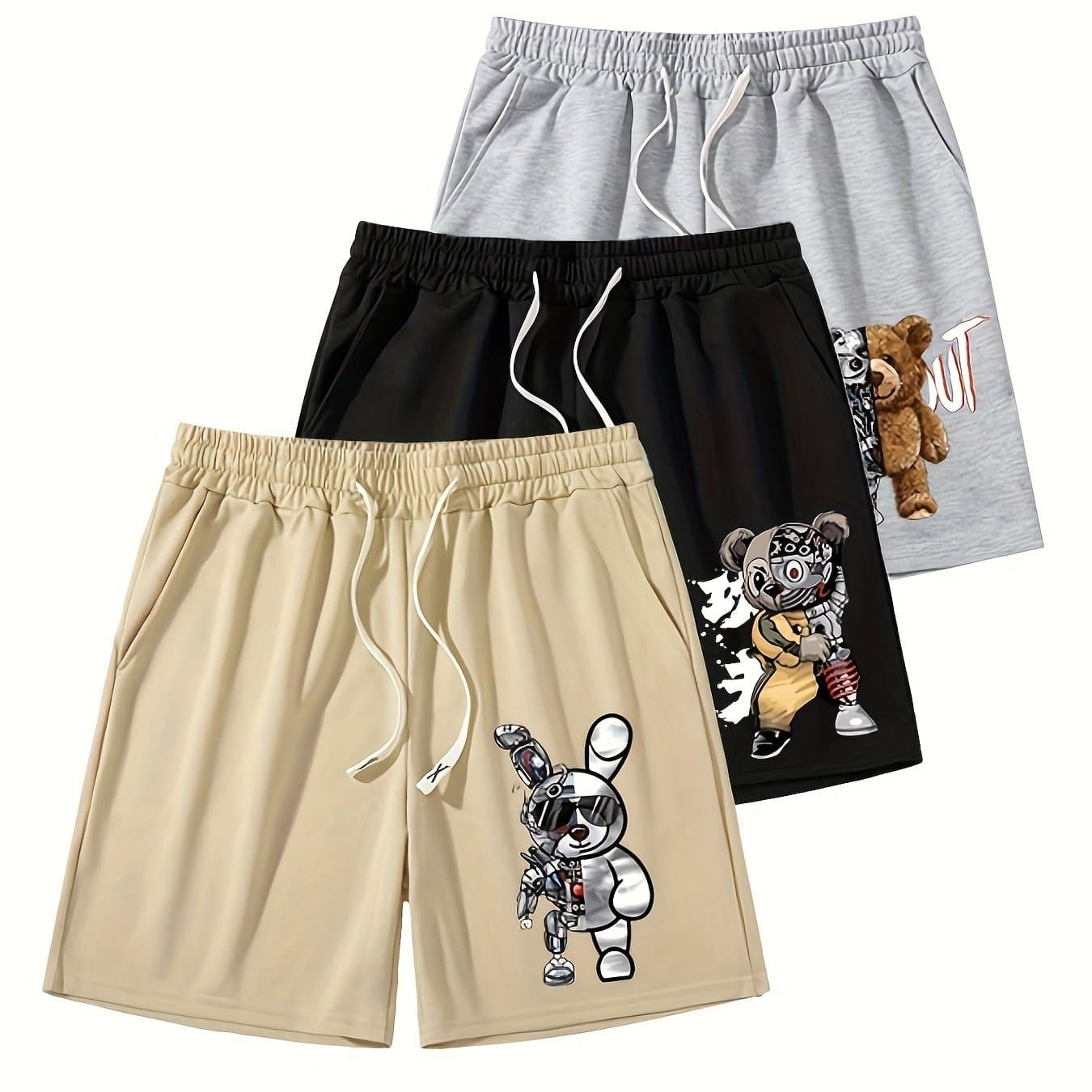 TEMU Cartoon Mechanical Bear Print Athletic Drawstring Shorts 3pcs Set