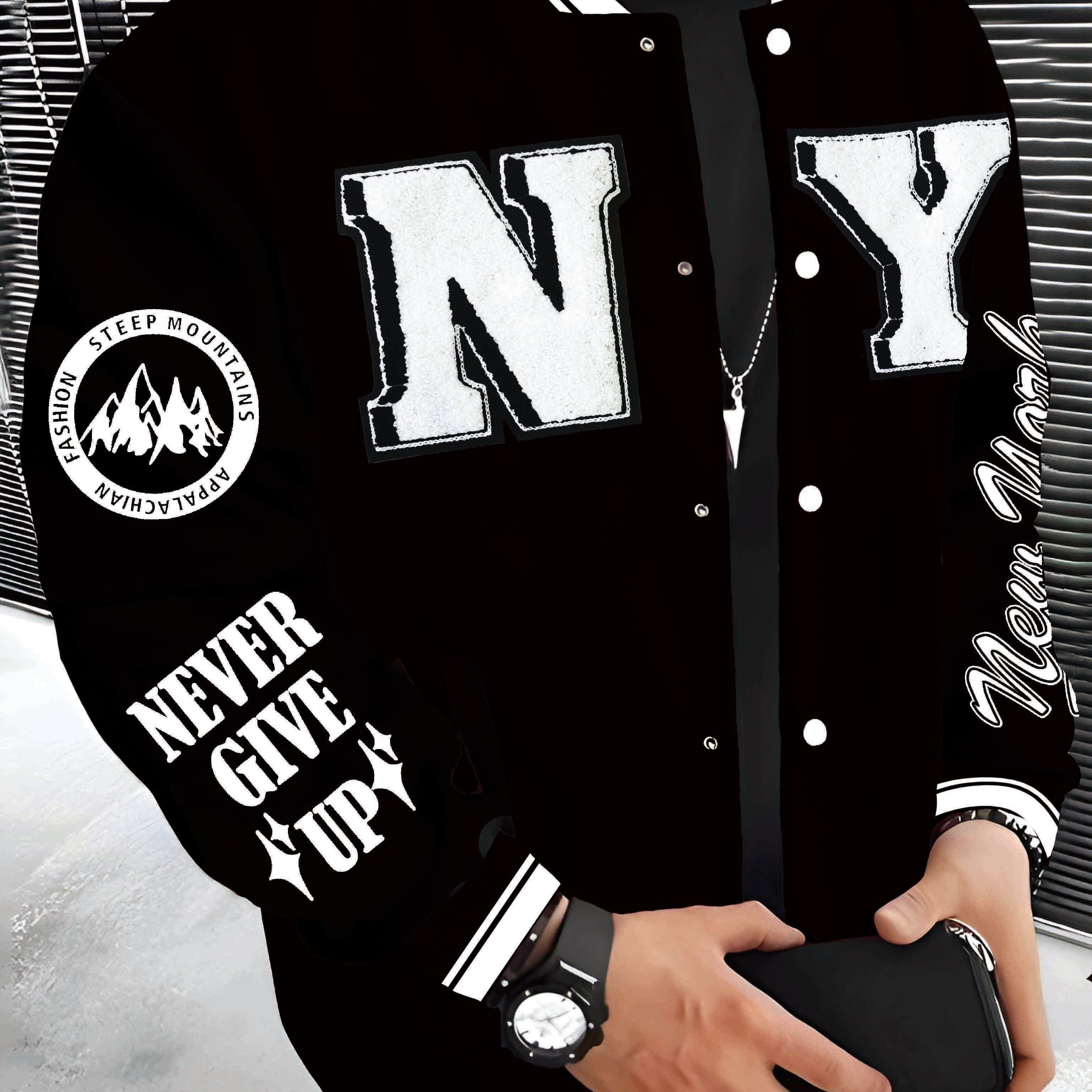 TEMU Autumn, And : New Ny Embroidered Series Lightweight Warm -lined Baseball Jacket, Streetwear Brand Hip-hop Rock Style Jacket, Preppy Casual Fashion Men's Jacket For Christmas And New Year