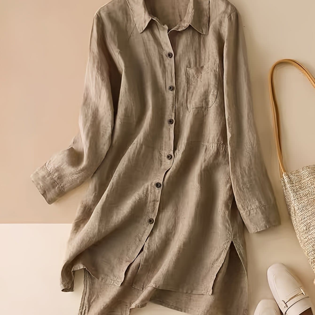 TEMU 2025 Spring/autumn New Style Turn- Collar Single-breasted Shirt For Women, Long Sleeve Loose Linen Top, Elegant Commuter Streetwear, Vintage Artistic Style, Suitable For