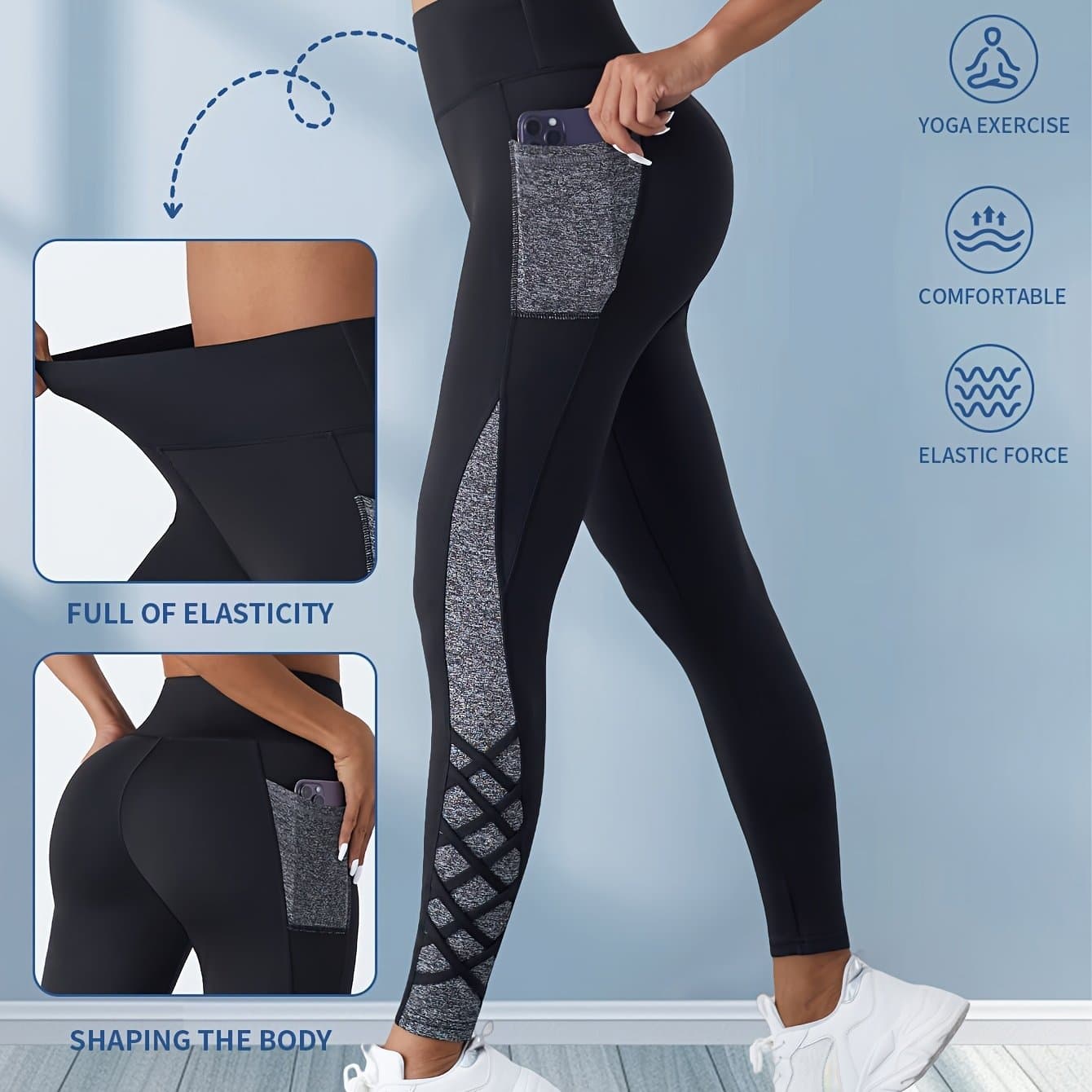 TEMU Women's High-waist Yoga Leggings With Pockets - Sweat Absorbent, Breathable & Tummy Control Workout Pants