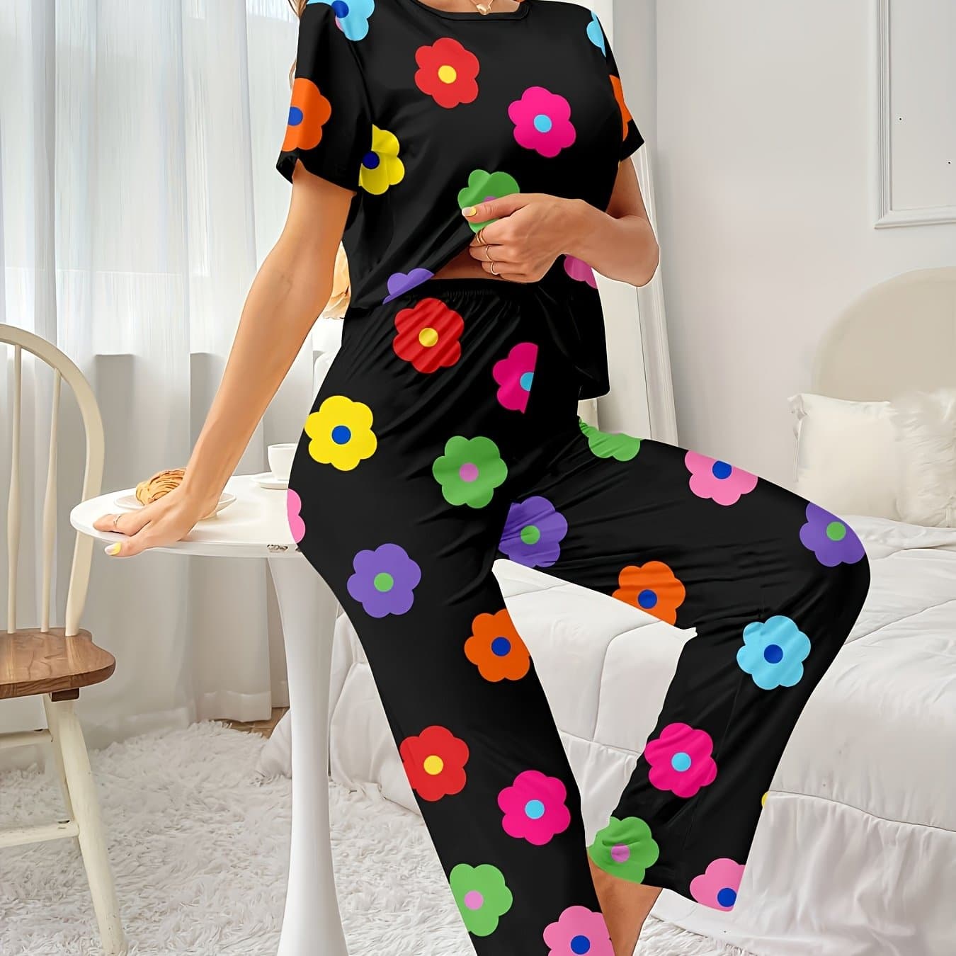TEMU Women's Casual Cute Floral Short Sleeve Long Pants Pajama Set
