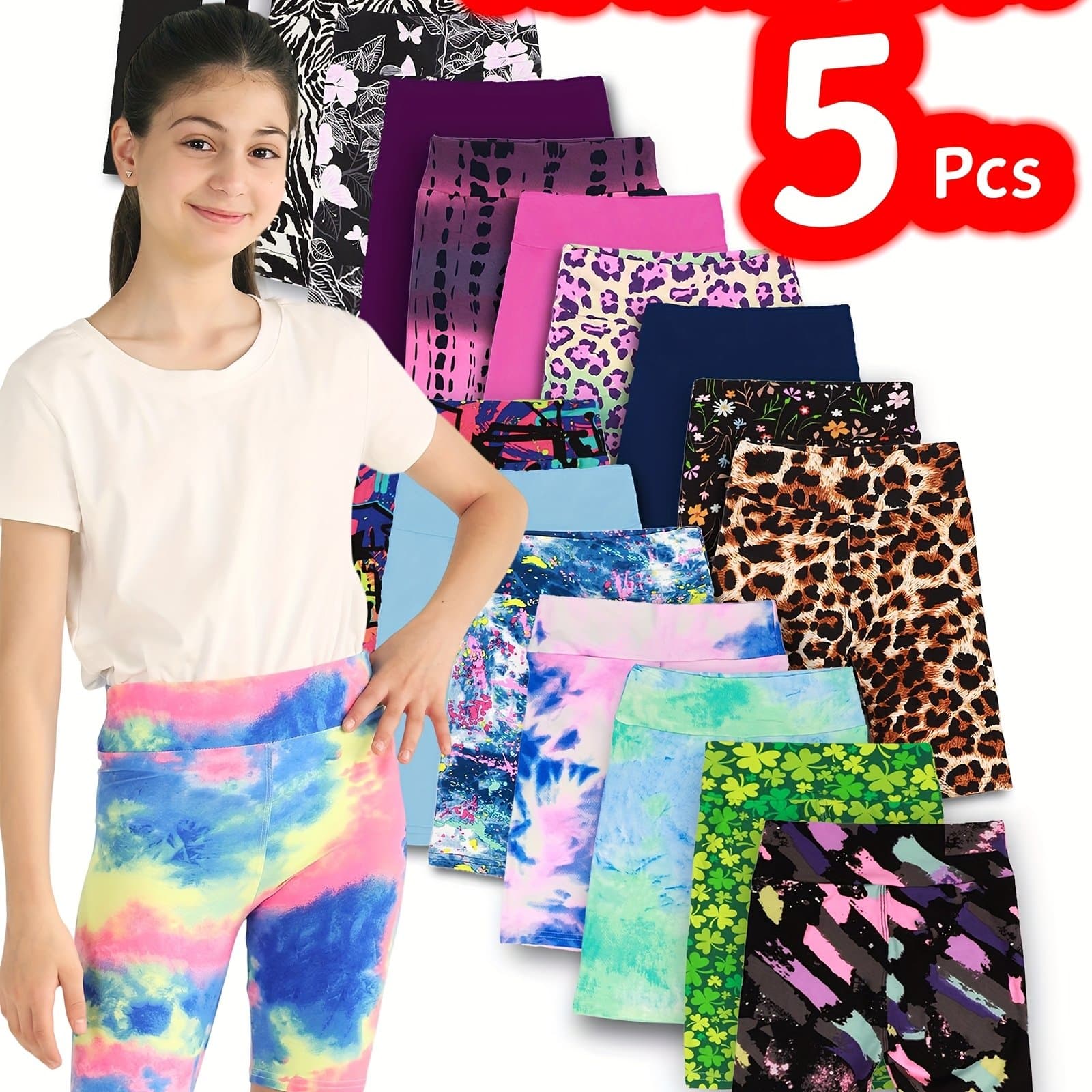 TEMU 5pcs Random Assortment Printed Girls' Soft High-waist Knee-length Stretch Summer Leggings For Middle And Older Toddlers