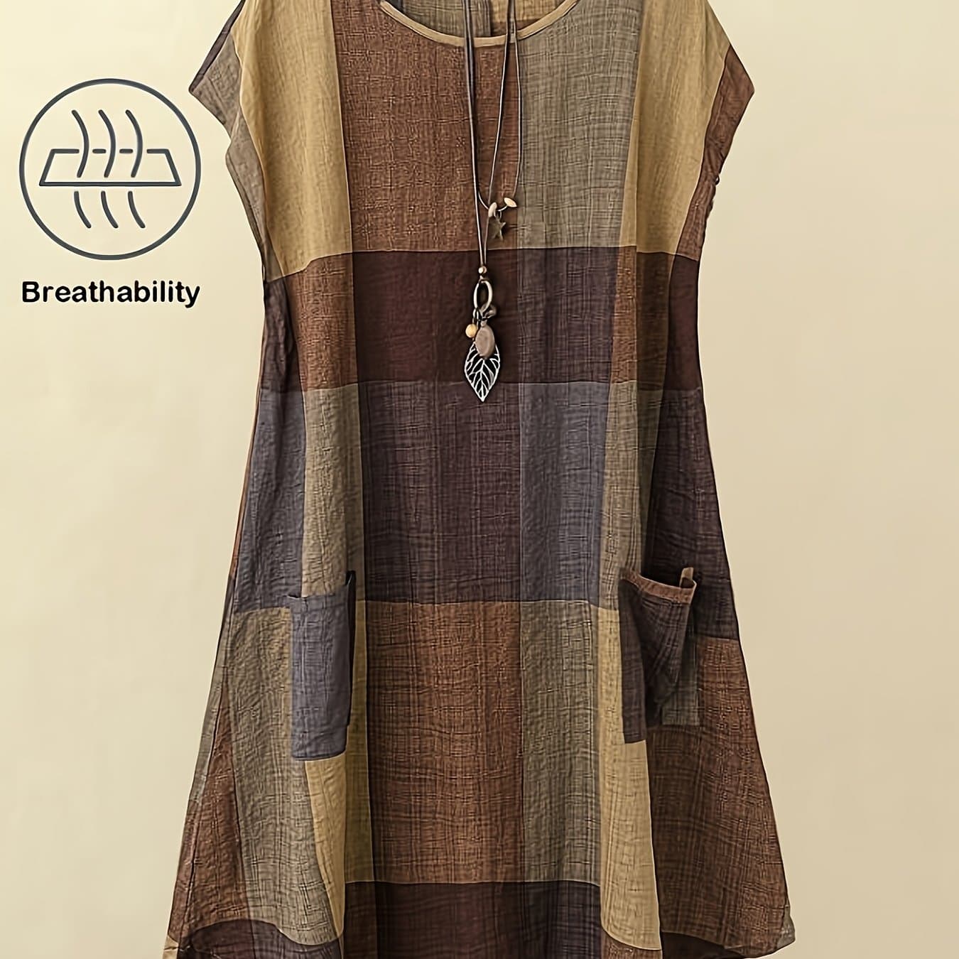 TEMU Women's Round Neck Batwing Sleeve Color-block Double- Casual Summer Mini Dress