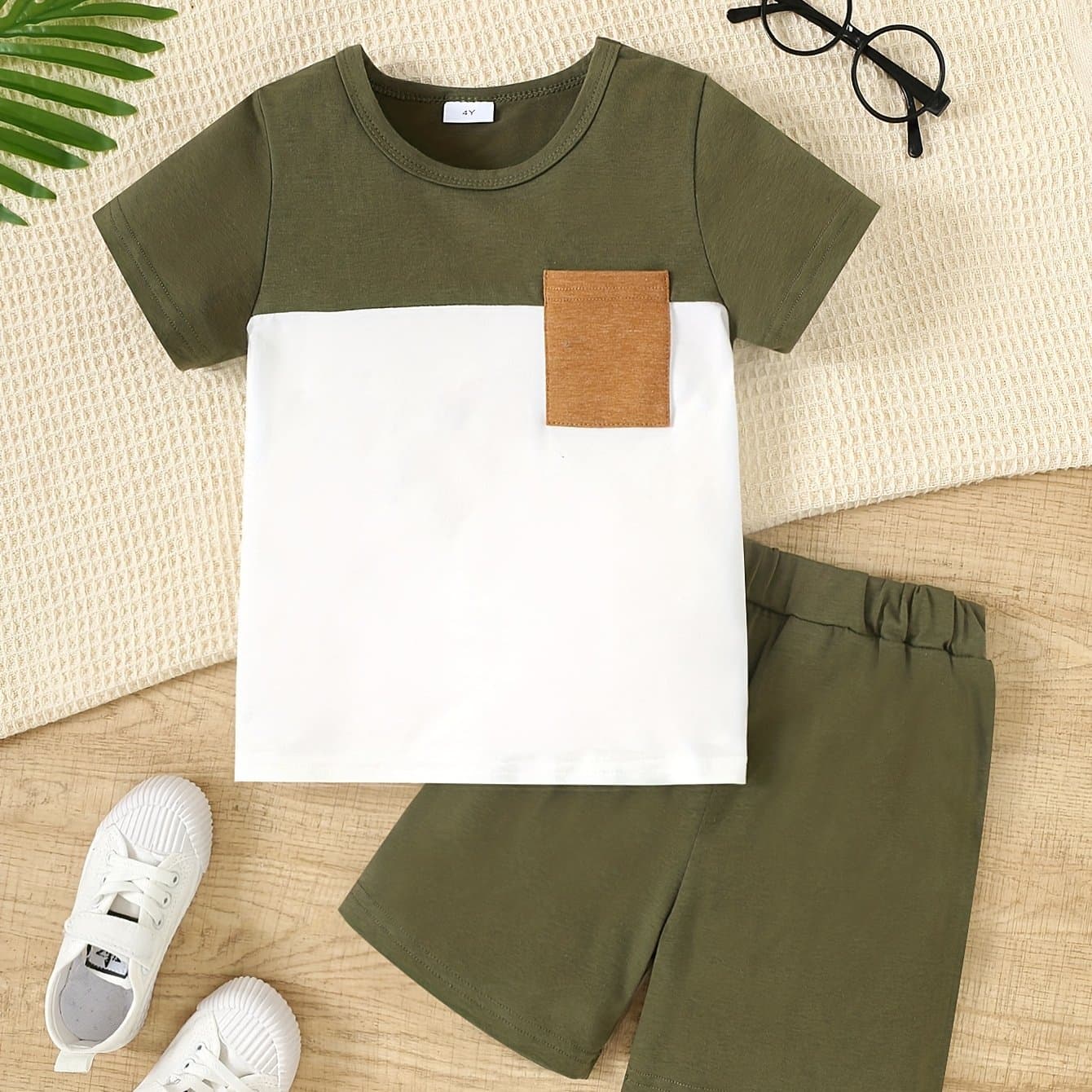 TEMU Young Boy Summer Casual Color Block Short Sleeve Top And Shorts Set, For Outdoor