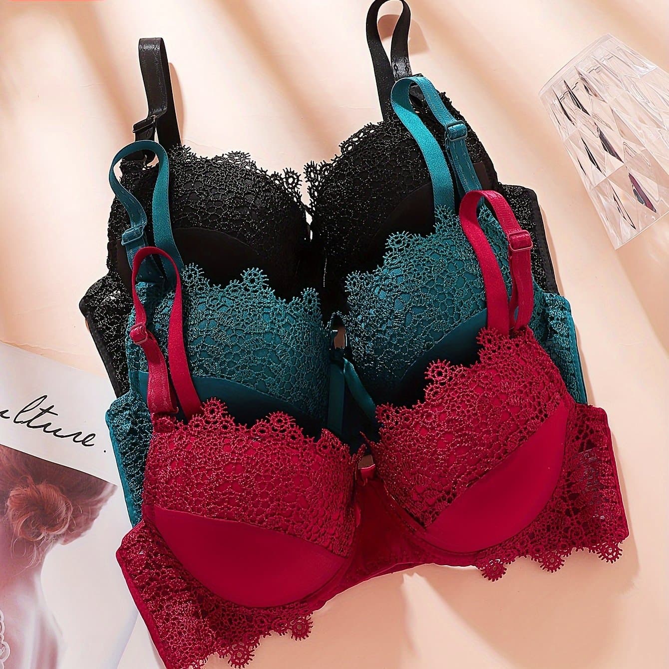 TEMU Set Of 3 Solid Color Bras For Women, B Cup, Comfortable Lingerie