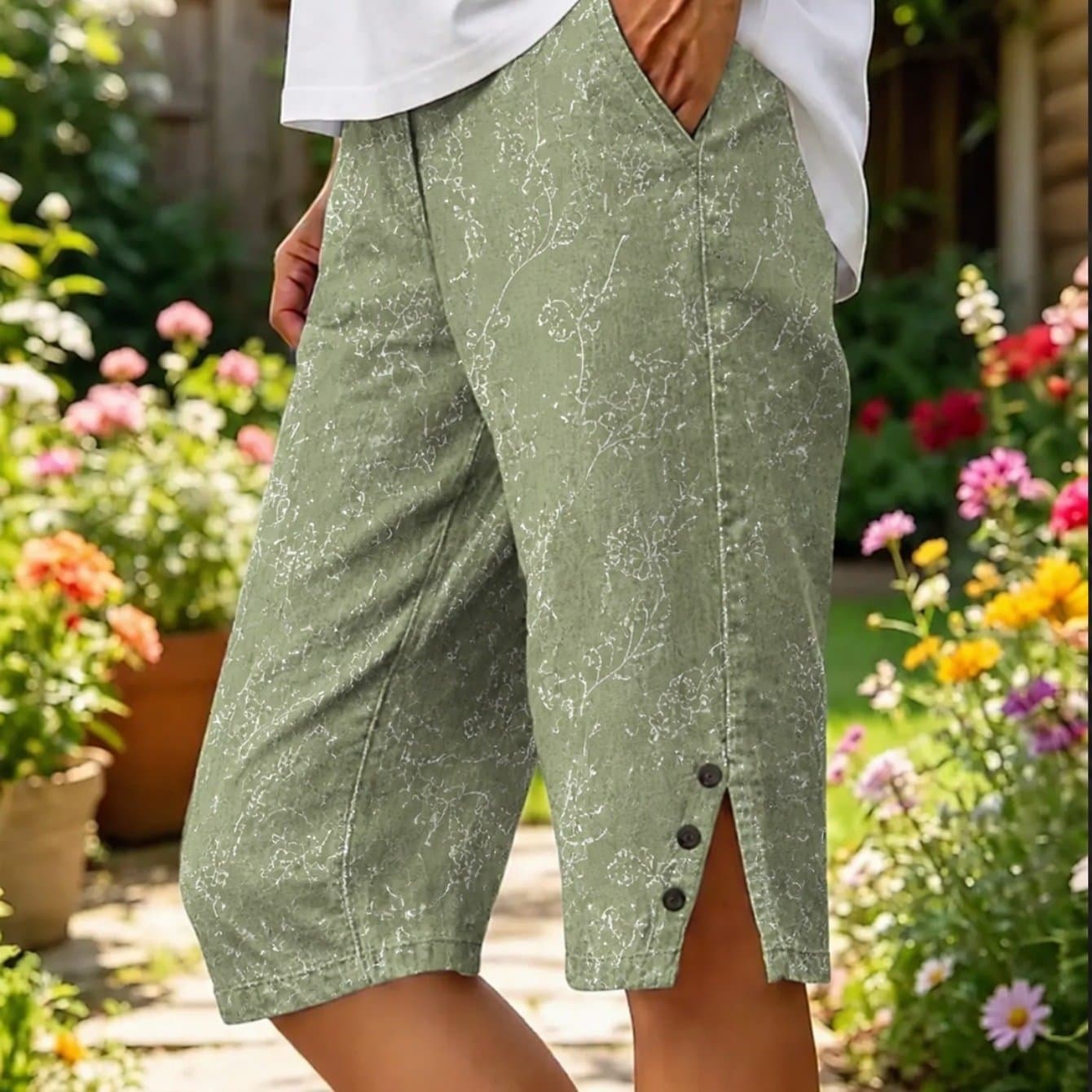 TEMU Lightweight Summer Denim Shorts In Sage Green With Floral Print, Side Slit Design For , Ideal For Garden Parties, Casual , Or Relaxing And Backyard Settings