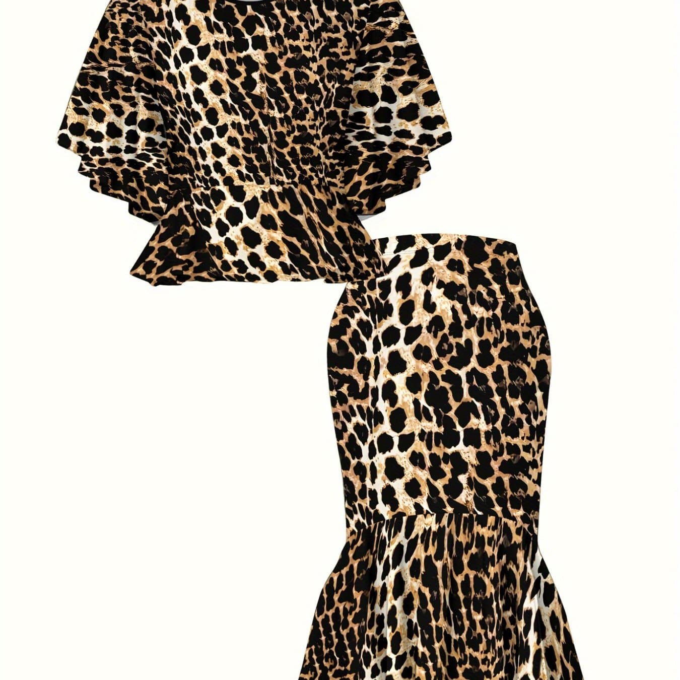 TEMU Plus Size - Plus Size - 2d Printed Leopard Print Women's Casual Elegant Half Skirt Round Neck Pleated Top Plus Size Set