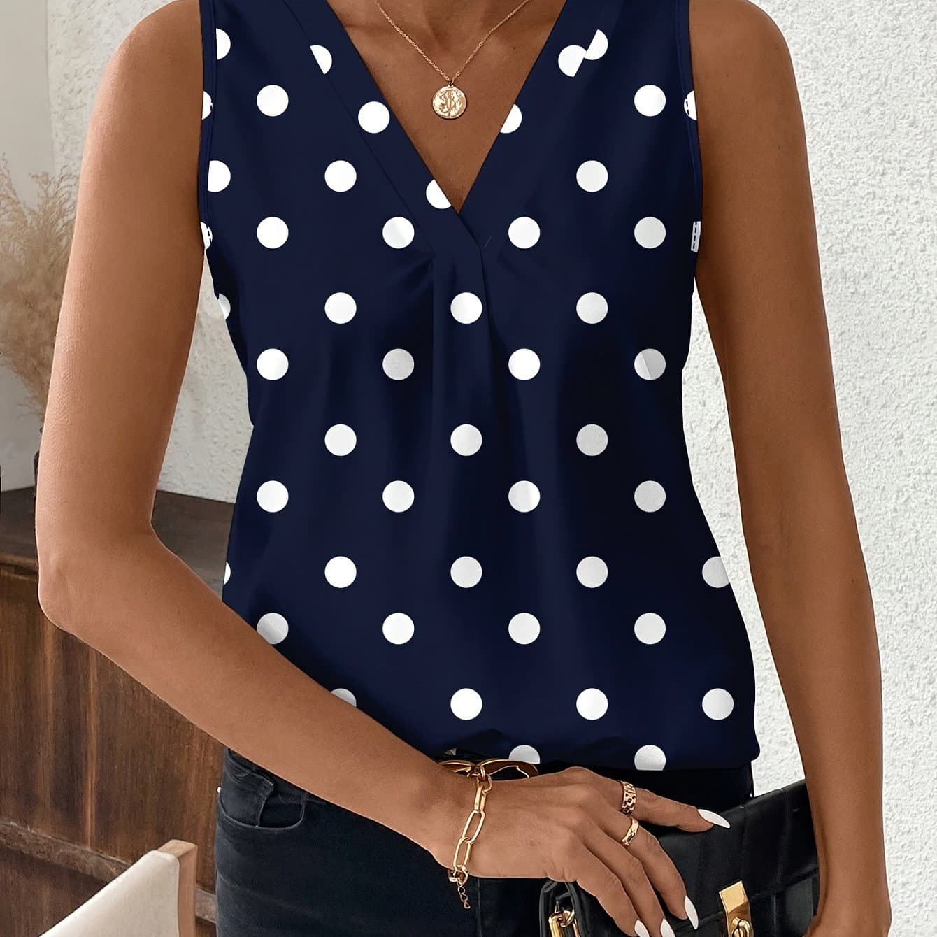TEMU Elegant Women's Summer Casual Sleeveless Polka Dot Shirt Top