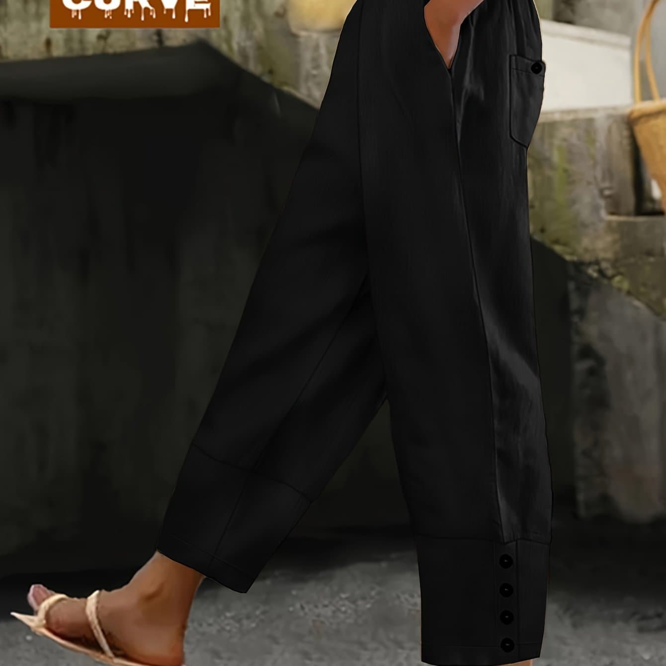 TEMU Plus Size - Spring, Summer And Autumn Large-sized Casual Trousers, Solid Color, Button Design, Elastic Waist, Pockets, Large-sized Women's Harem Trousers For Casual Daily