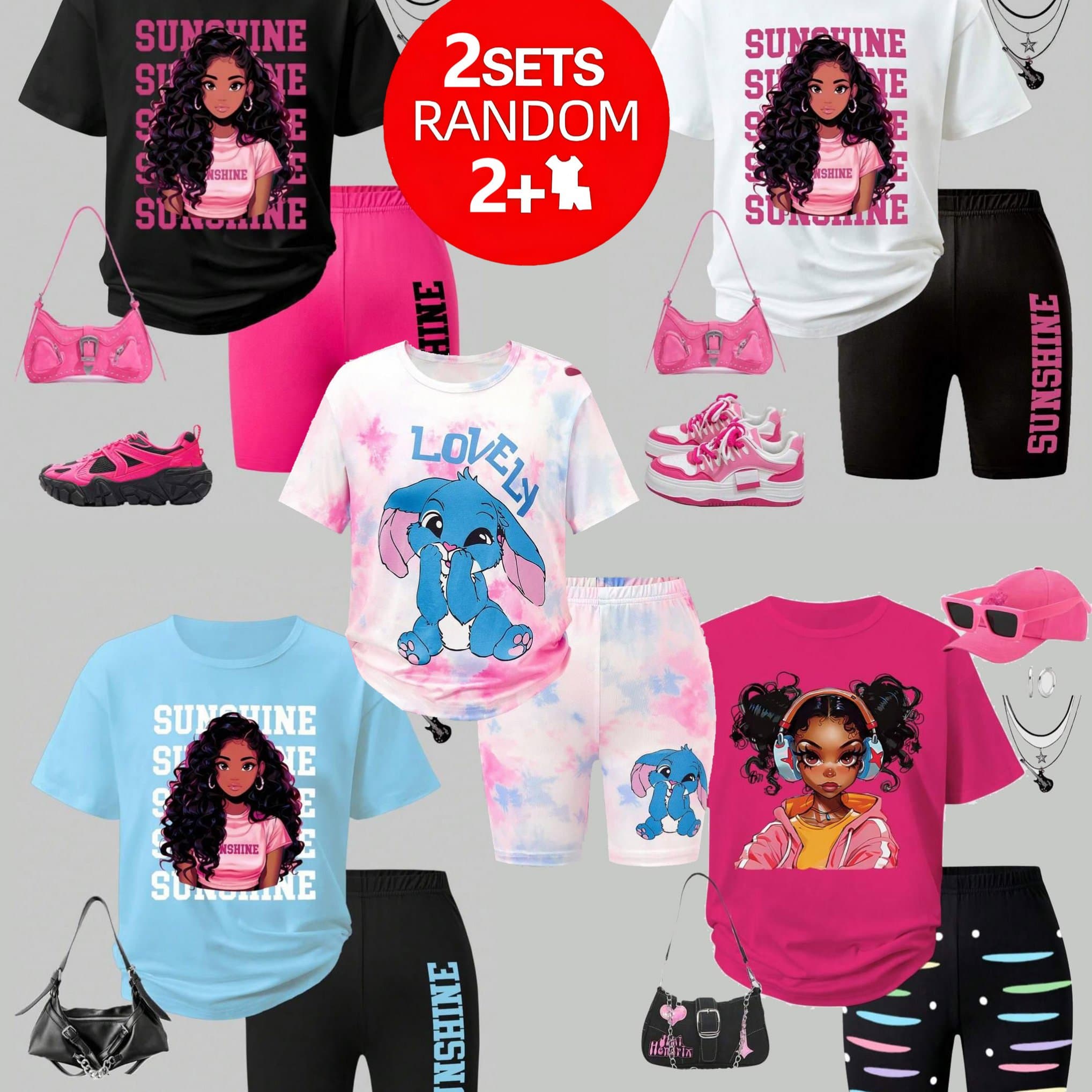 TEMU A Pair Of Sets Dispatched At Random - Valentine's Day Edition - Designed For Girls - Ideal For - Of A T-shirt And Shorts, Great For Outdoor Activities, Sports, School, And Campus