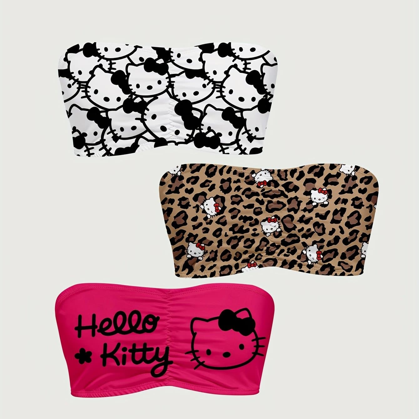 TEMU & Hello Kitty Collaboration Women's Underwear, Fashionable Kt Cat, Letter, Small Flower, Leopard Print, Cartoon Print Bandeau Top 3pcs Set, The For A Gift For A Friend
