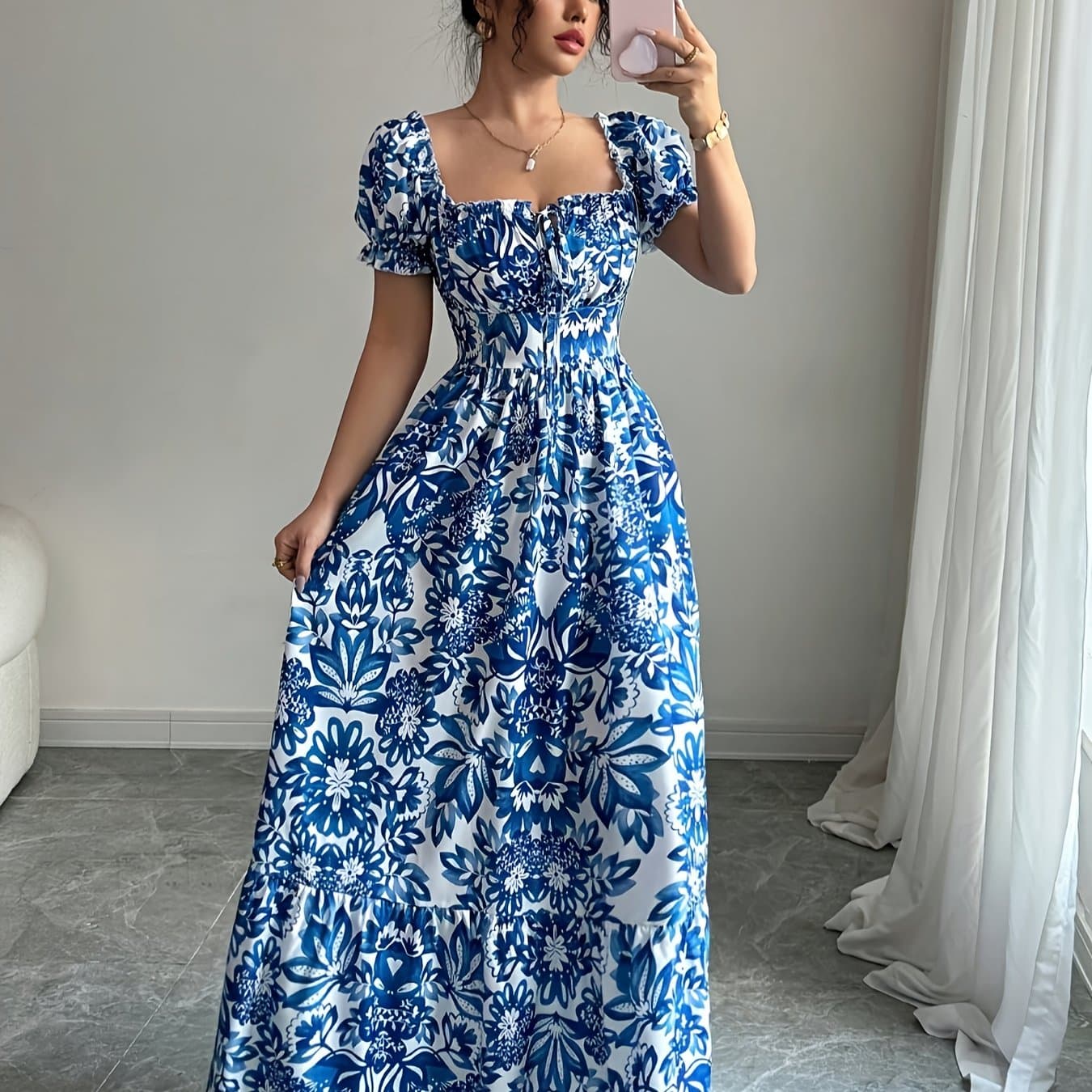 TEMU Printed Puff Sleeve Front Tie Waist Back Hollow Out Long Elegant Dress Vacation Dating Wear Elegant