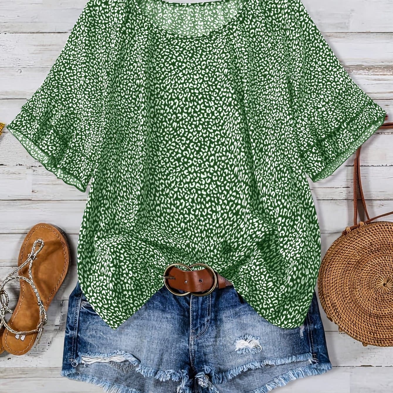 TEMU Plus Size - Plus Size - Cross-border Plus Size Leopard Print Sleeve Loose Short Sleeve Shirt Top Women's