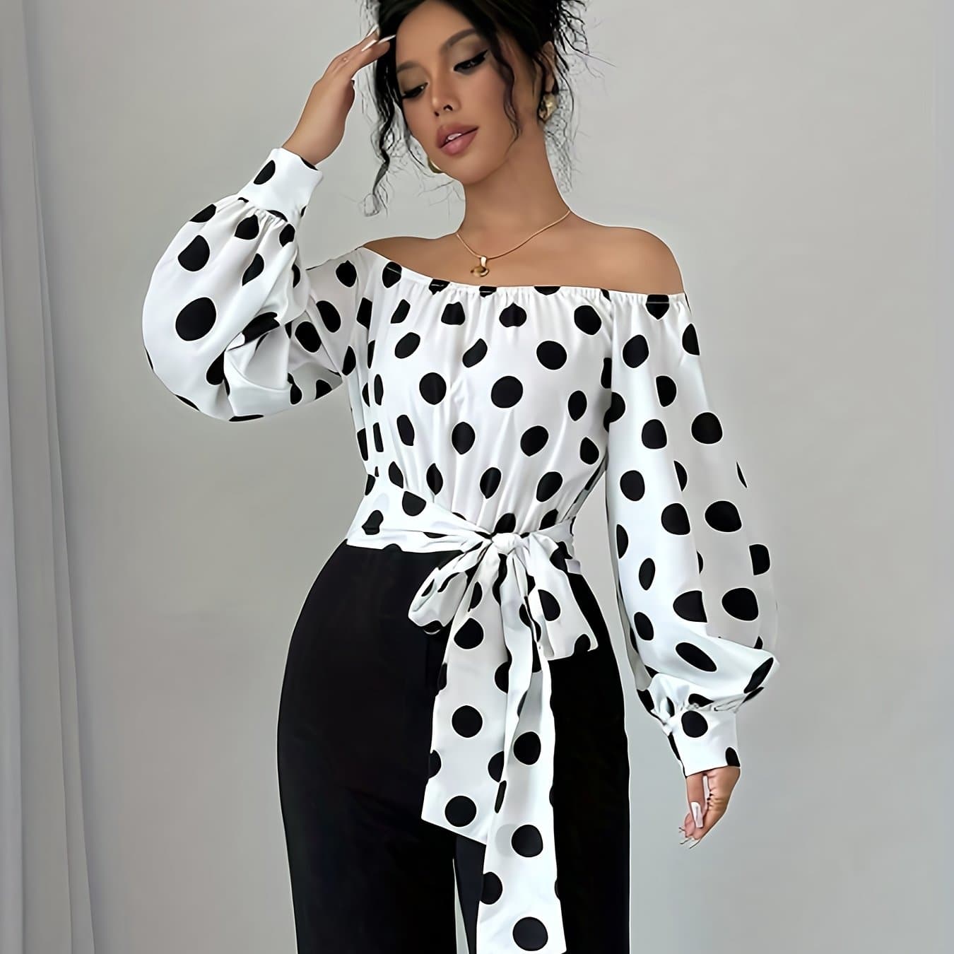 TEMU Women's Elegant Off-the-shoulder Polka Dot Shirt With Front Bow Tie & Puffed Long Sleeves - White & Black Round Neck Blouse, Collar, Machine Washable, Casual To Semi-formal Wear