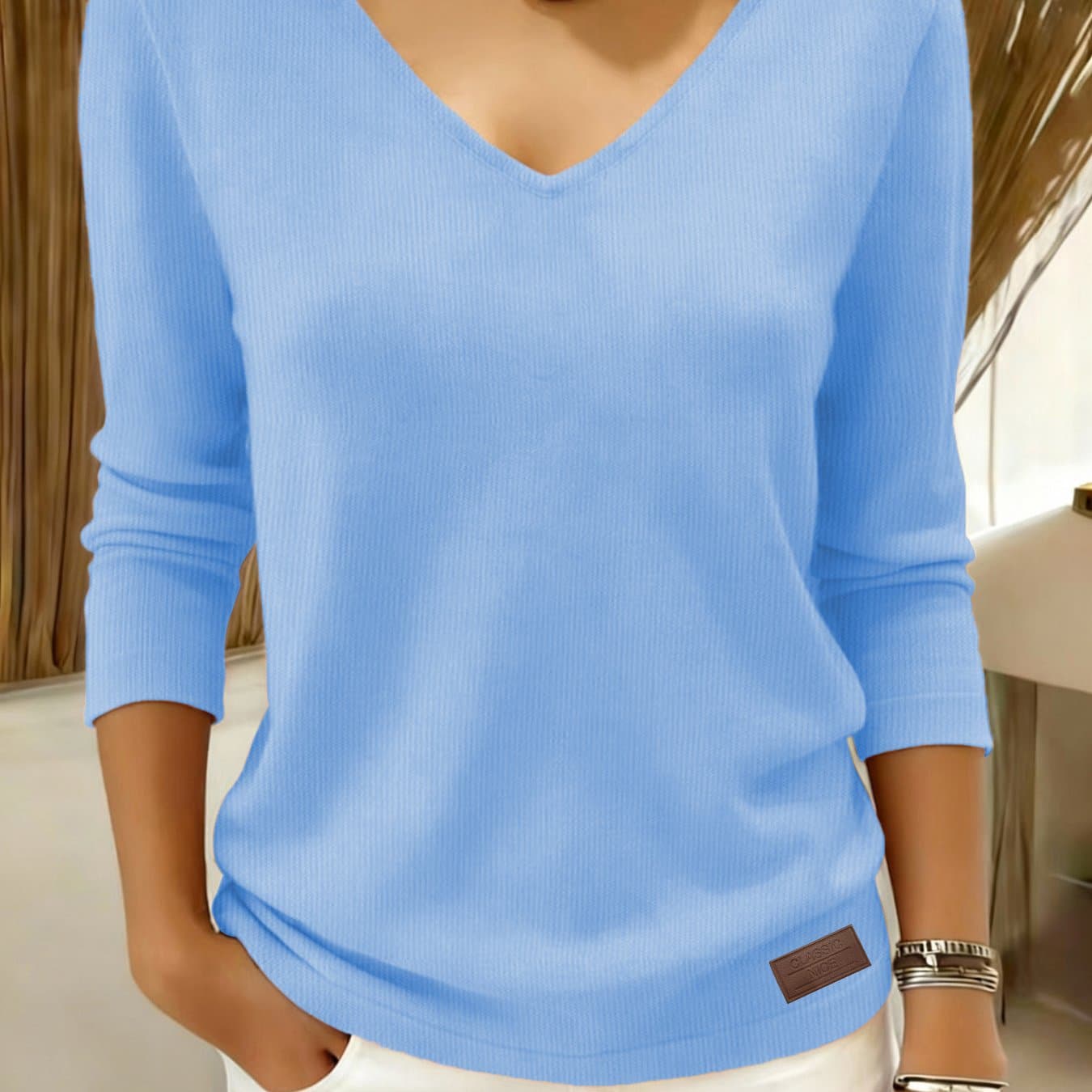 TEMU Women's V-neck Sweater - Loose Fit Sweater Suitable For , Textured Blouse-style Top With V-neck Collar, Machine Washable Loose Pullover For Casual Wear, Office & Layering (no ) thumbnail 2