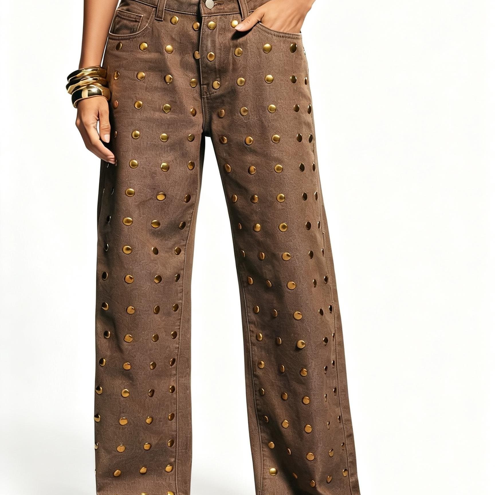 TEMU Women's High-waisted Straight-leg Jeans - Fashionable Rivet Design, Wear, Versatile Trousers, , Comfortable Material, Durable Fabric, Trendy Denim, Women's Wide-leg Pants