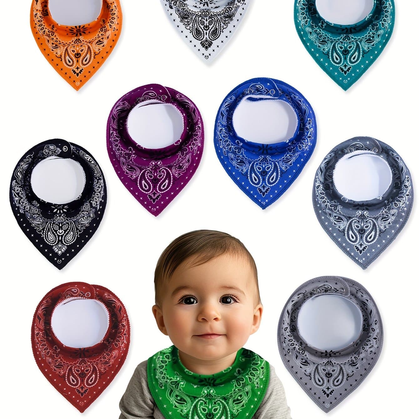 TEMU 10pcs Of Absorbent, Breathable, And Soft Adjustable Snap Bandana Bibs For Boys And Girls With Paisley Pattern, For Outdoor