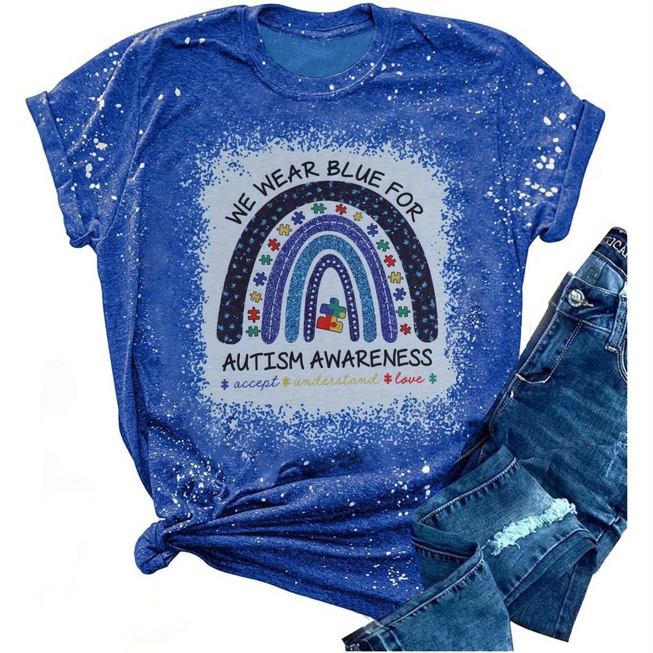 TEMU Men's Autism Awareness T-shirt - Design "we For Autism Awareness" - Soft Cotton Short-sleeve Casual Top For Casual Attire - Perfect For Autism Moms & Supporters