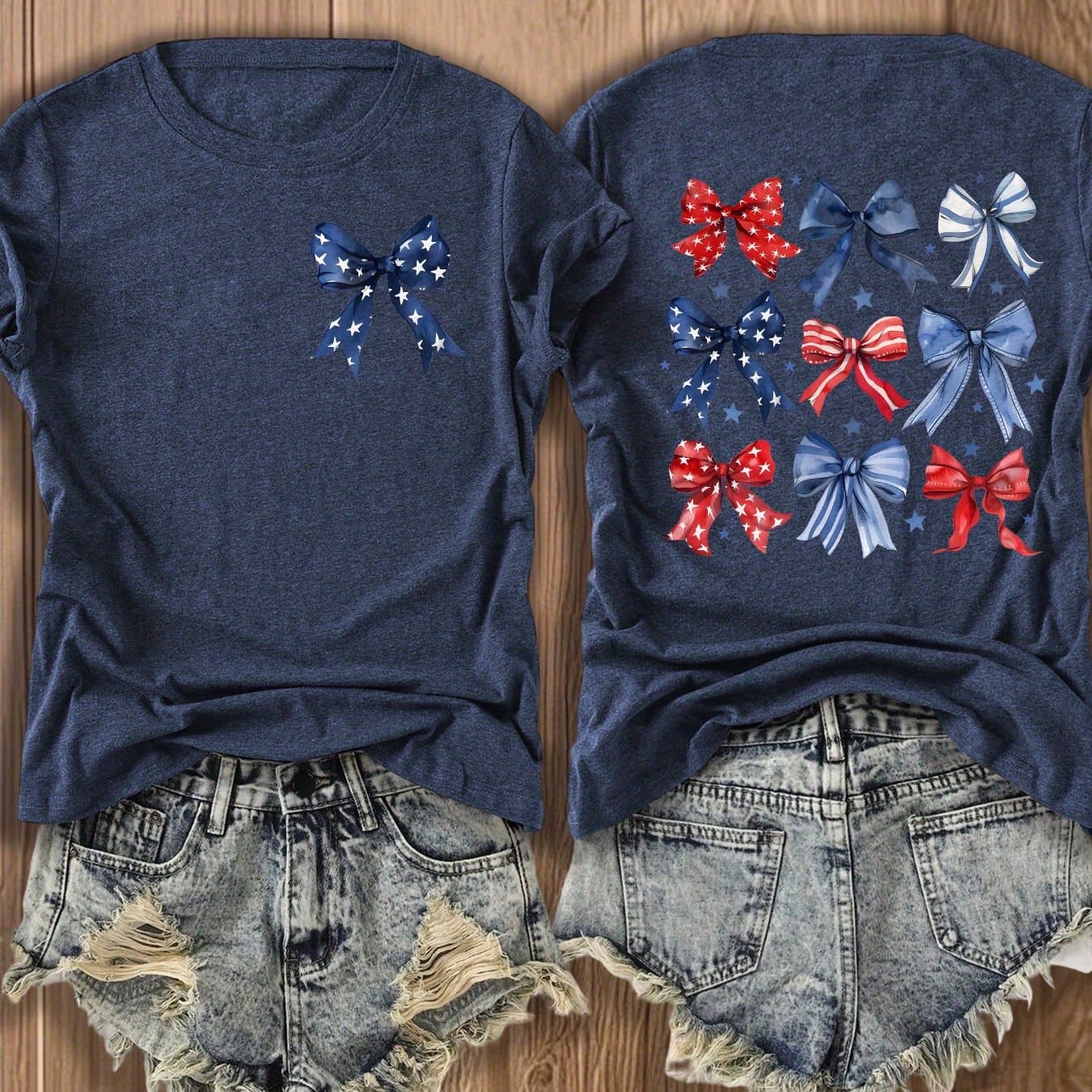 TEMU T-shirt Featuring A Patriotic Bow Print On , Designed In Festive Red, White, And Blue For July 4th , Ideal For Summer And Patriotic | Casual Women's Fashion | Double-sided Printed T-shirt