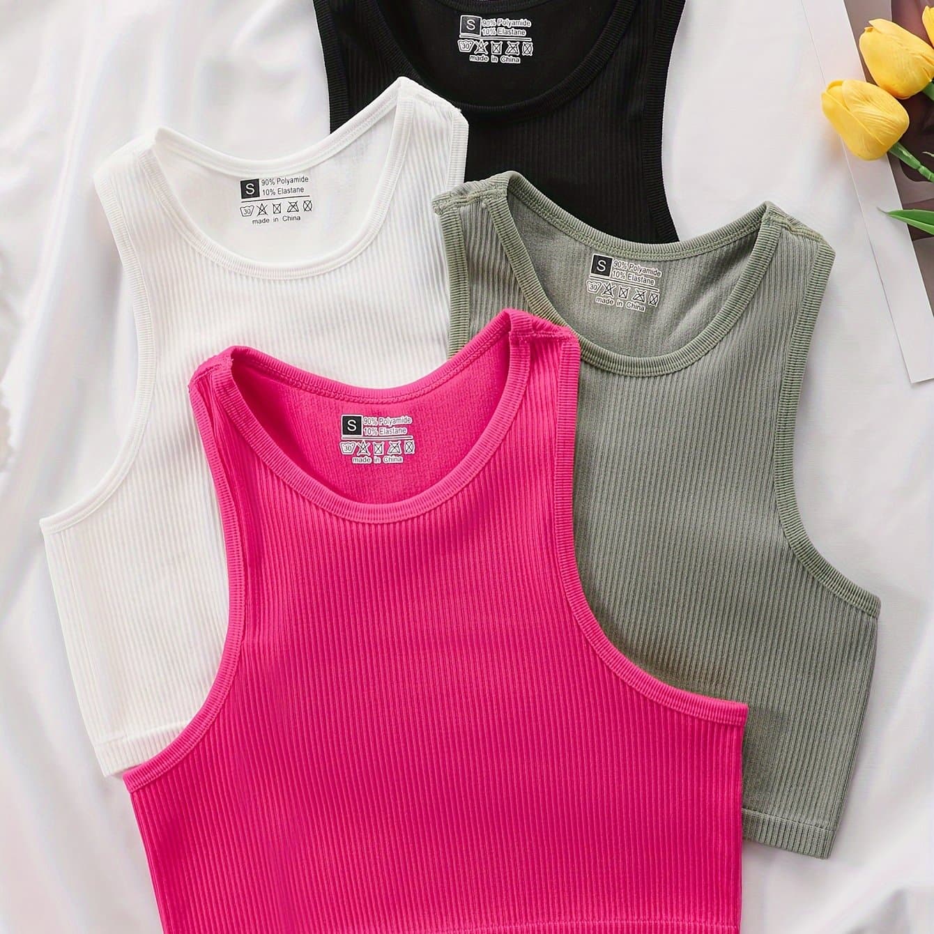 TEMU Four-pack Sleeveless Sports Tank Tops For Women, Seamless Workout Tops With No Padding, Loose Fit, Breathable, And Sexy