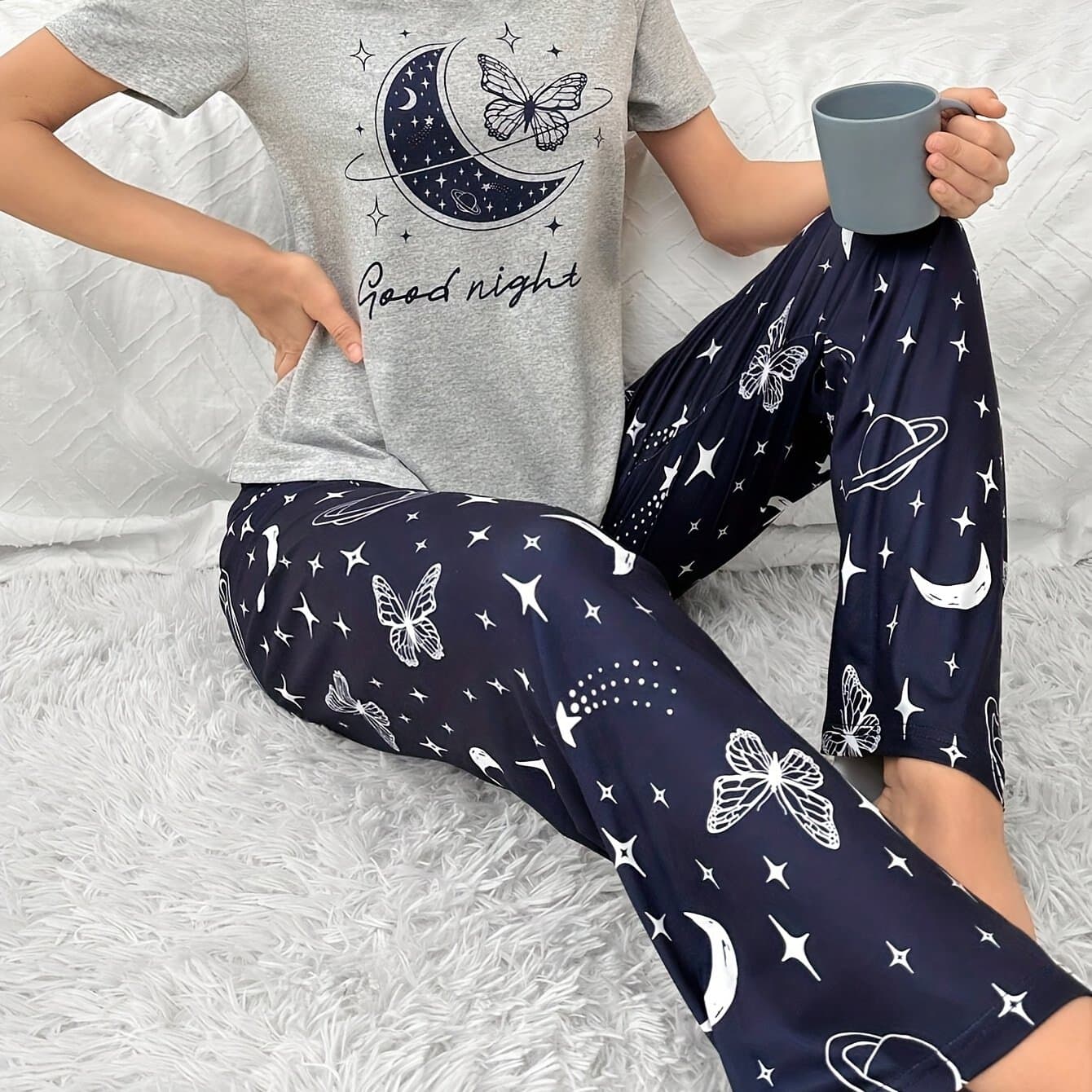 TEMU Women' & & Slogan Pajama Set, Round Neck Short Sleeve Top & Pants, Comfortable Relaxed Fit