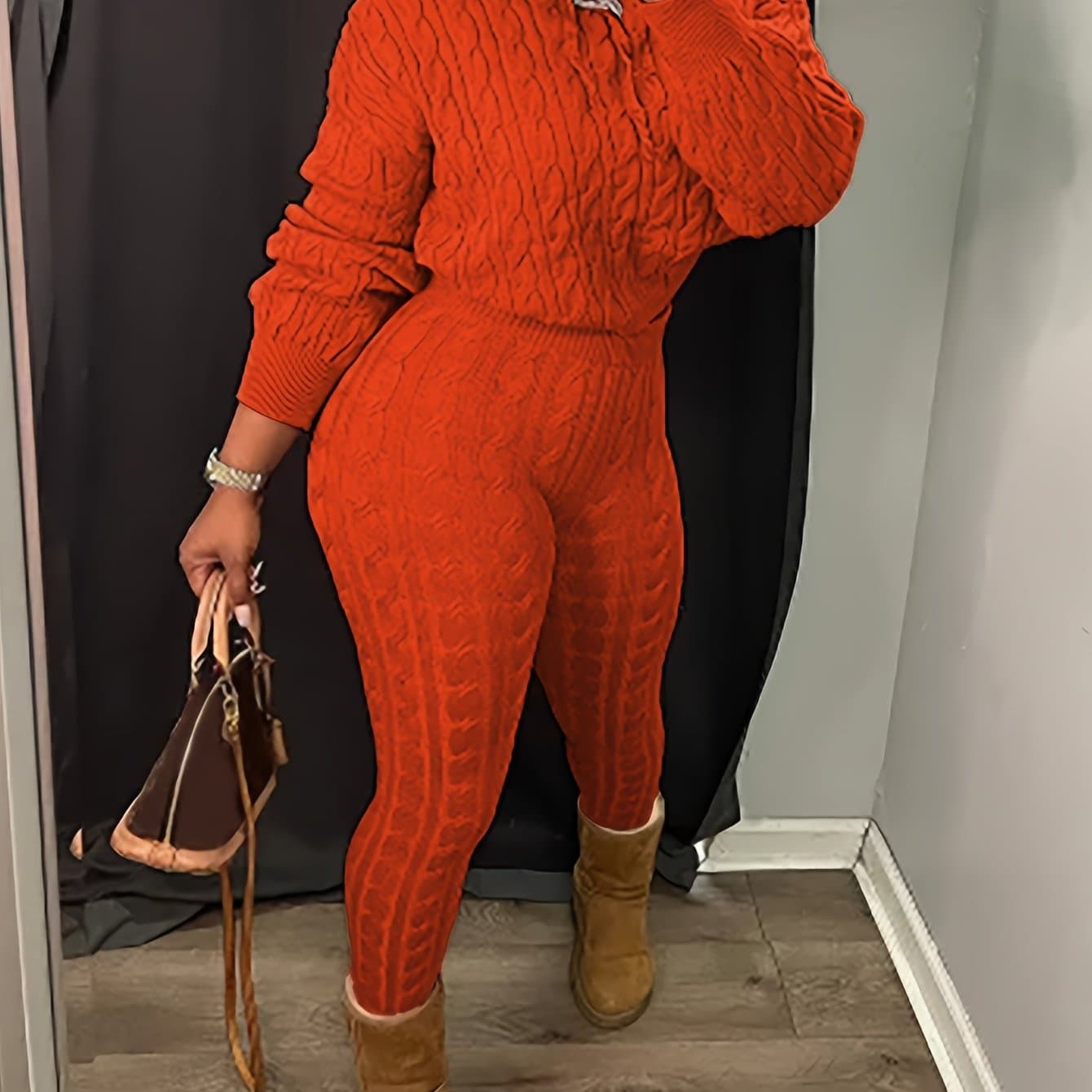 TEMU Women's Fitted 2pcs Set, Hooded Twisted Floral Long Sleeve Solid Drawstring Top + Women' Twisted Floral Long Pants