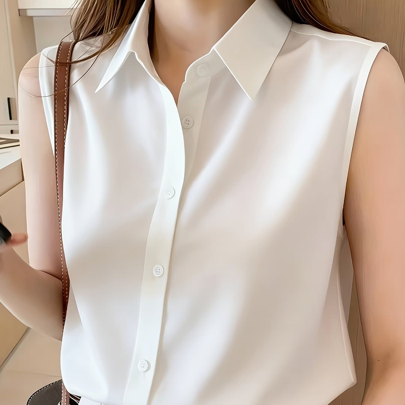 TEMU Elegant Sleeveless Shirt For Women | Machine Washable, Suitable For Spring/summer/fall | Fashionable Button Details