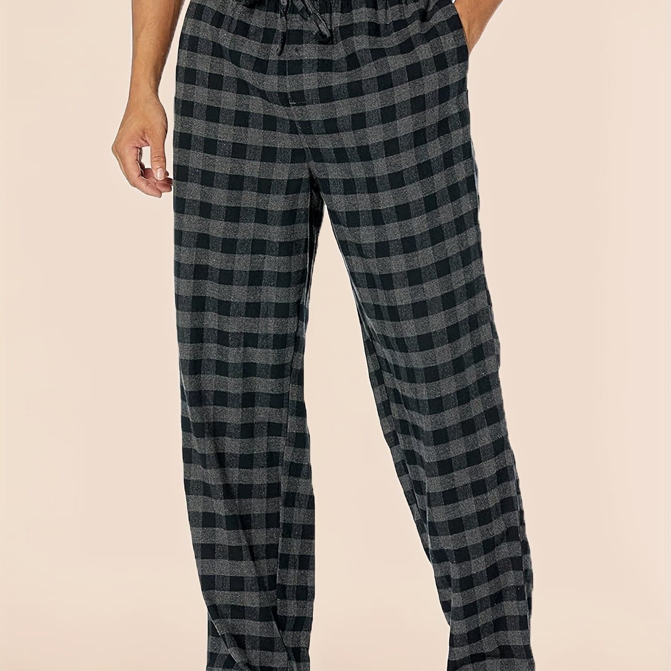 TEMU Men's Comfortable , Checkered Pattern, Lightweight Pants, Elastic Waistband Fitness Pants With Pockets, 95% Polyester 5% Spandex, Regular Fit, Knitted Fabric, 150 Grams Per -